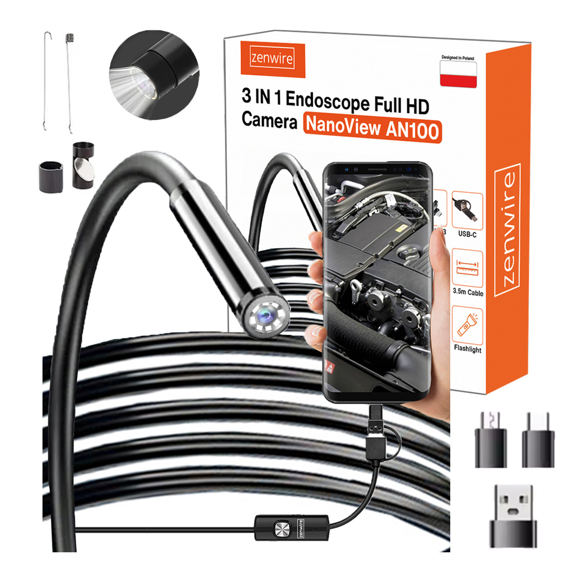 Zestaw endoskopu z telefonem wyświetlającym obraz silnika. Zestaw zawiera kamerę, akcesoria i pudełko z informacjami o produkcie.