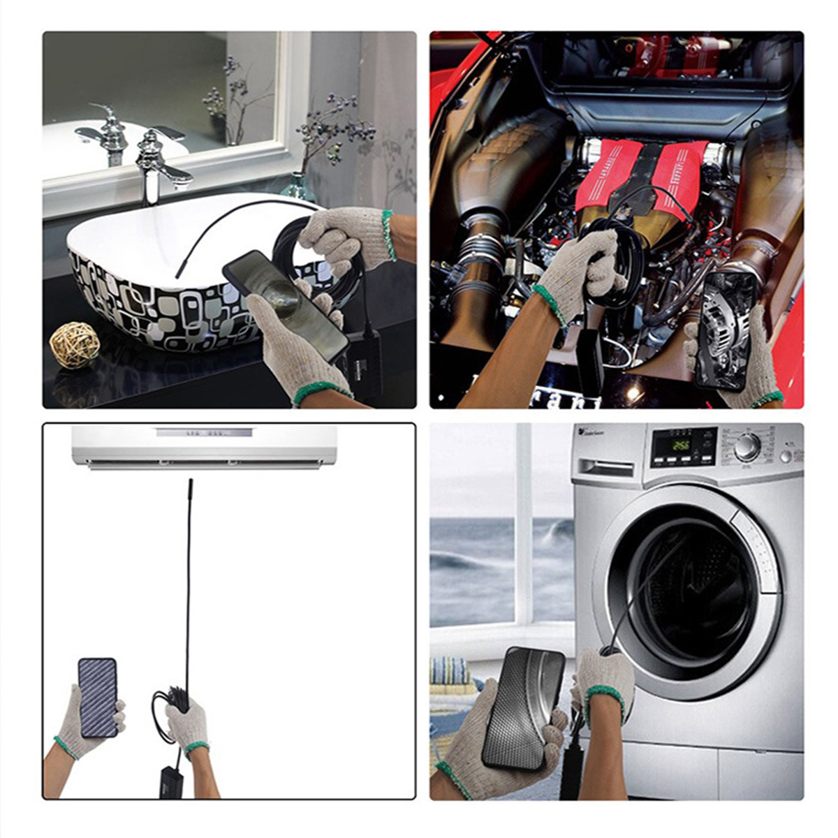 Obraz pokazuje cztery sceny: zlew z telefonem, silnik samochodowy, klimatyzator i pralkę, każda z telefonem.