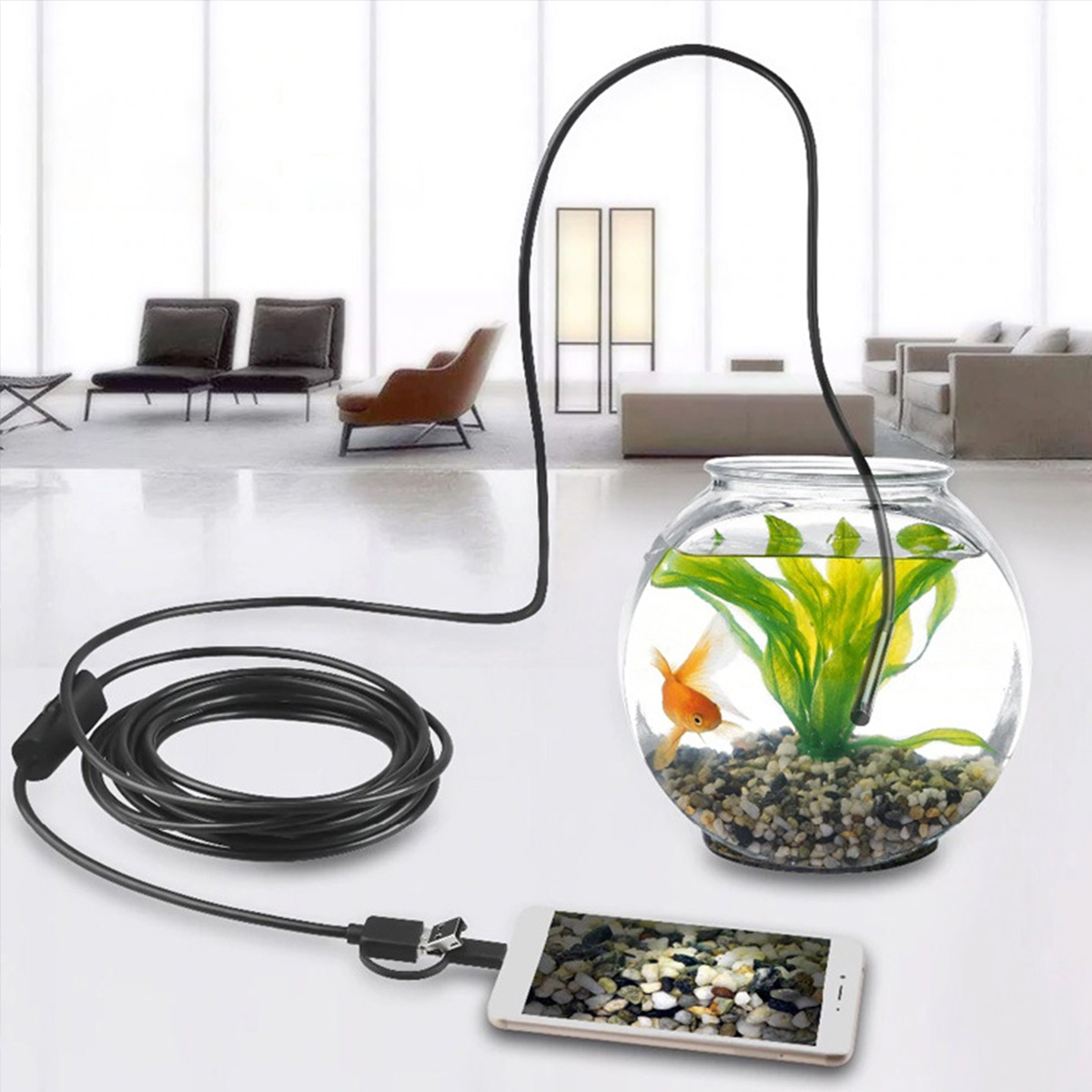 Złota rybka w misce połączona czarnym kablem z telefonem pokazującym obraz akwarium. Wnętrze z meblami w tle.