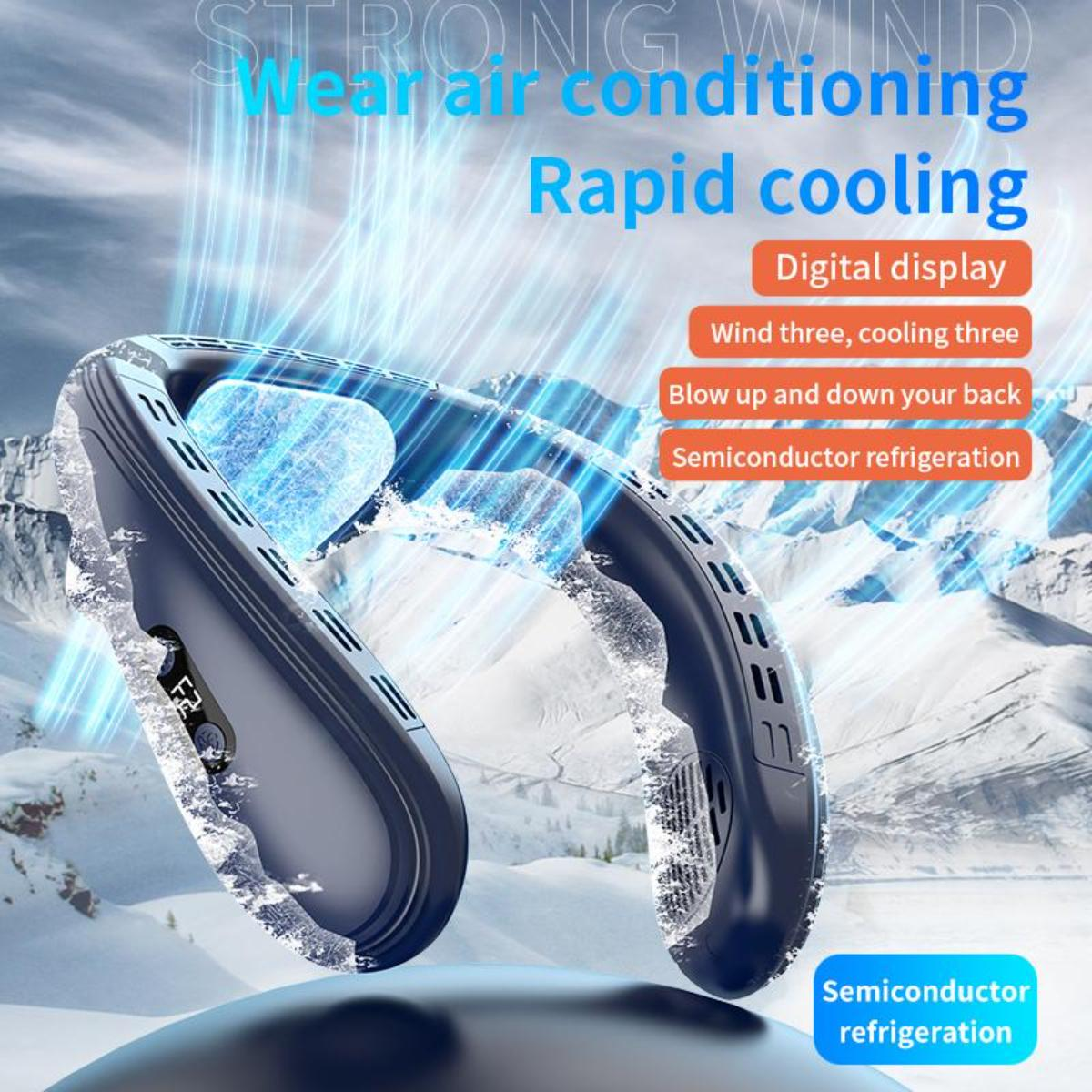 Nacken-Klimaanlage. Blaues und schwarzes Design mit Eis-Effekt. Text: Schnelle Kühlung, Digitalanzeige, Halbleiterkühlung.