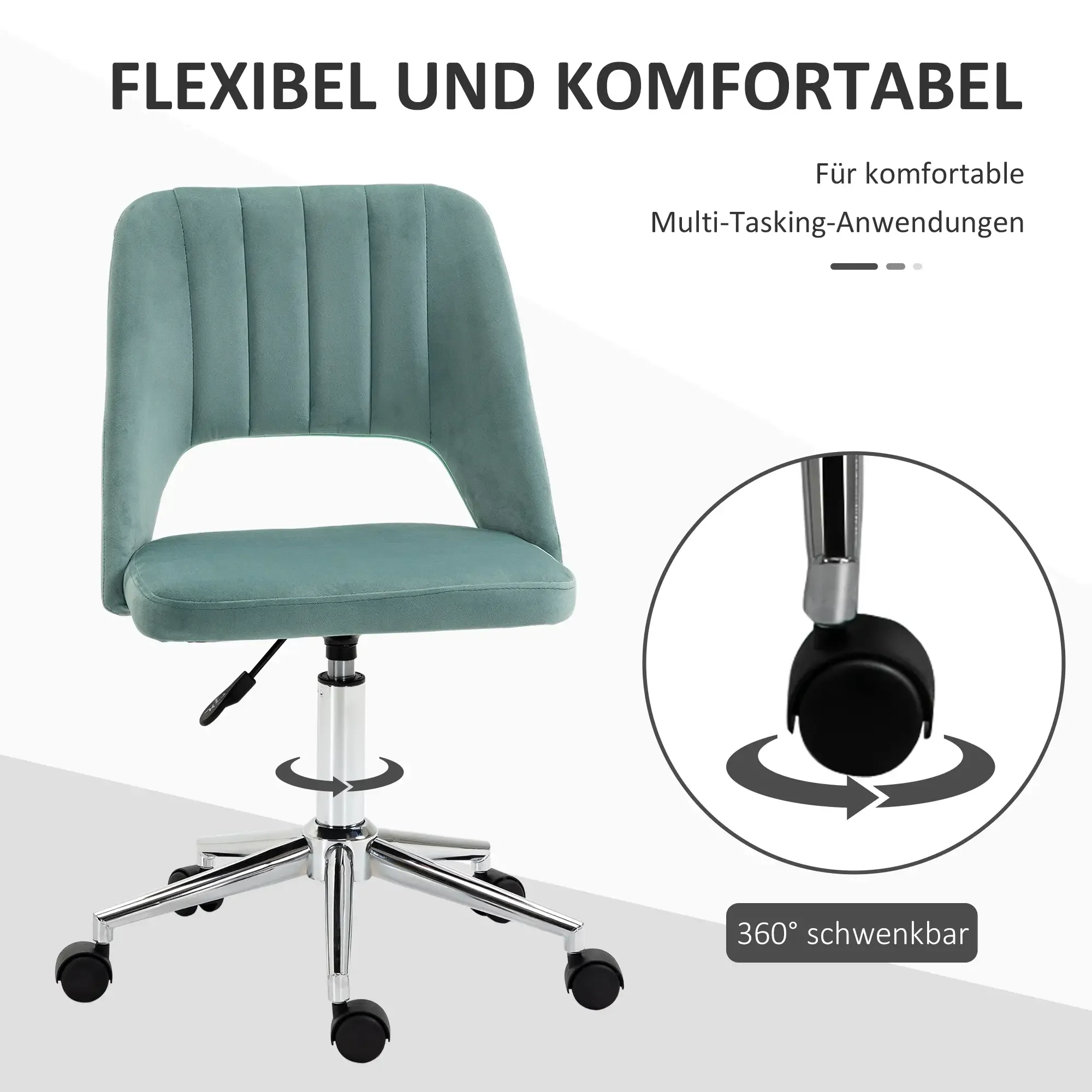 Ein türkisfarbener Bürostuhl mit Chrombasis und schwarzen Rädern. Text oben: 'Flexibel und komfortabel'.