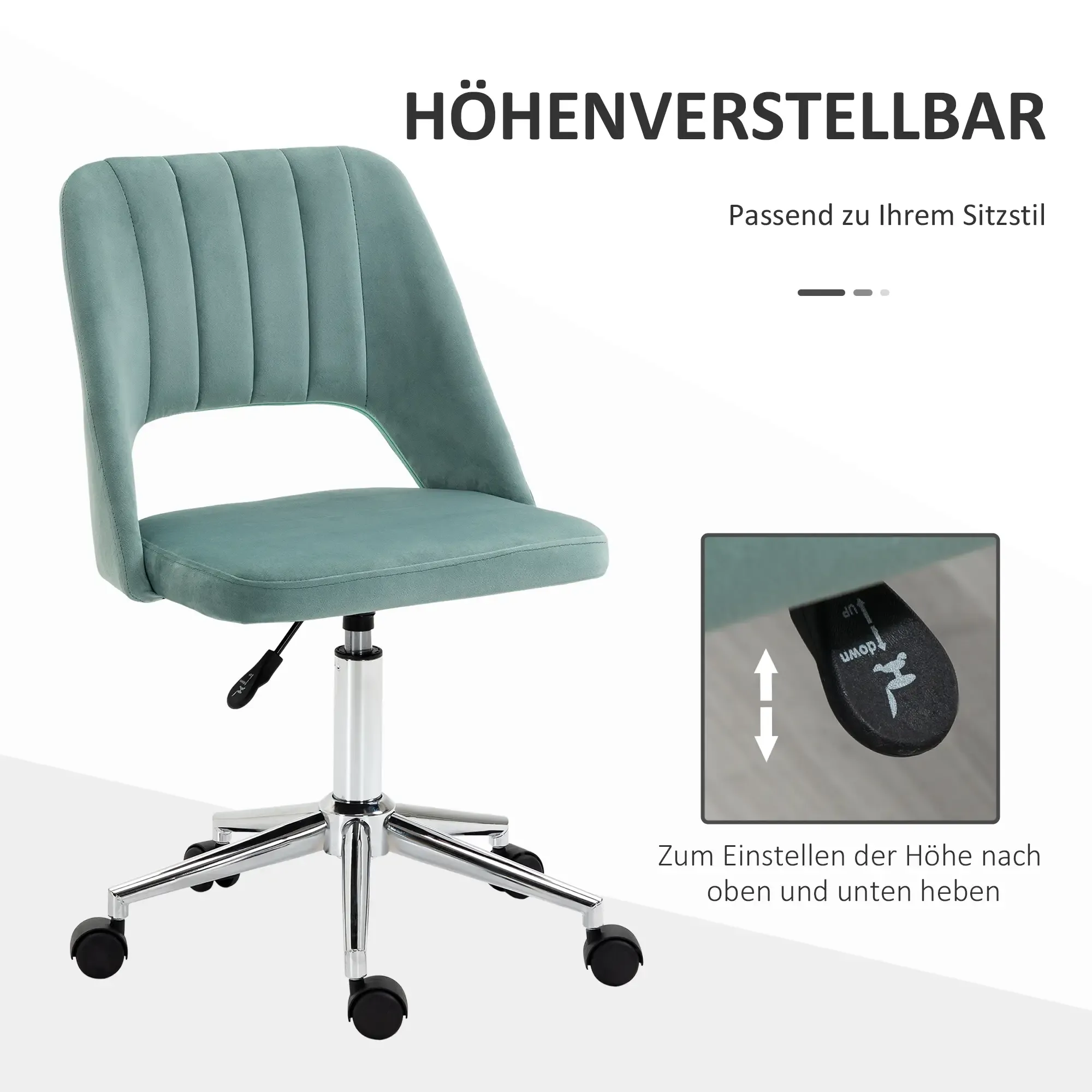 Ein tealfarbener Bürostuhl mit Chromfuß und Rollen. Der Stuhl hat einen Höhenverstellhebel. Text auf Deutsch.