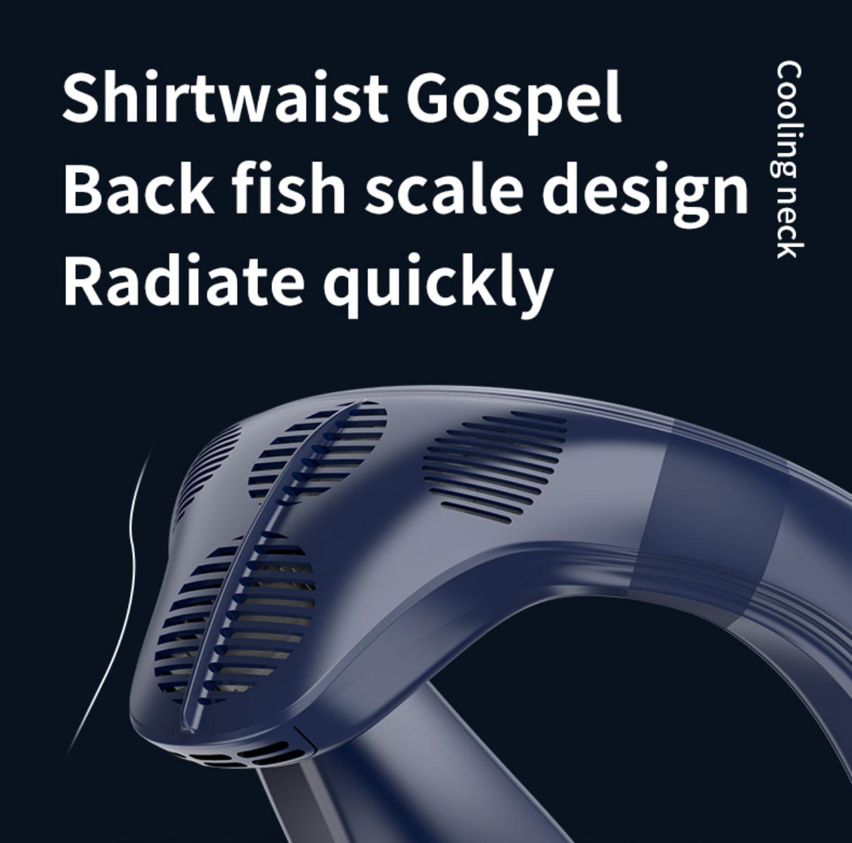 Ein dunkelblauer Kühl-Nackenventilator ist abgebildet, mit Text darüber. Der Text lautet 'Shirtwaist Gospel' und 'Back fish scale design'.