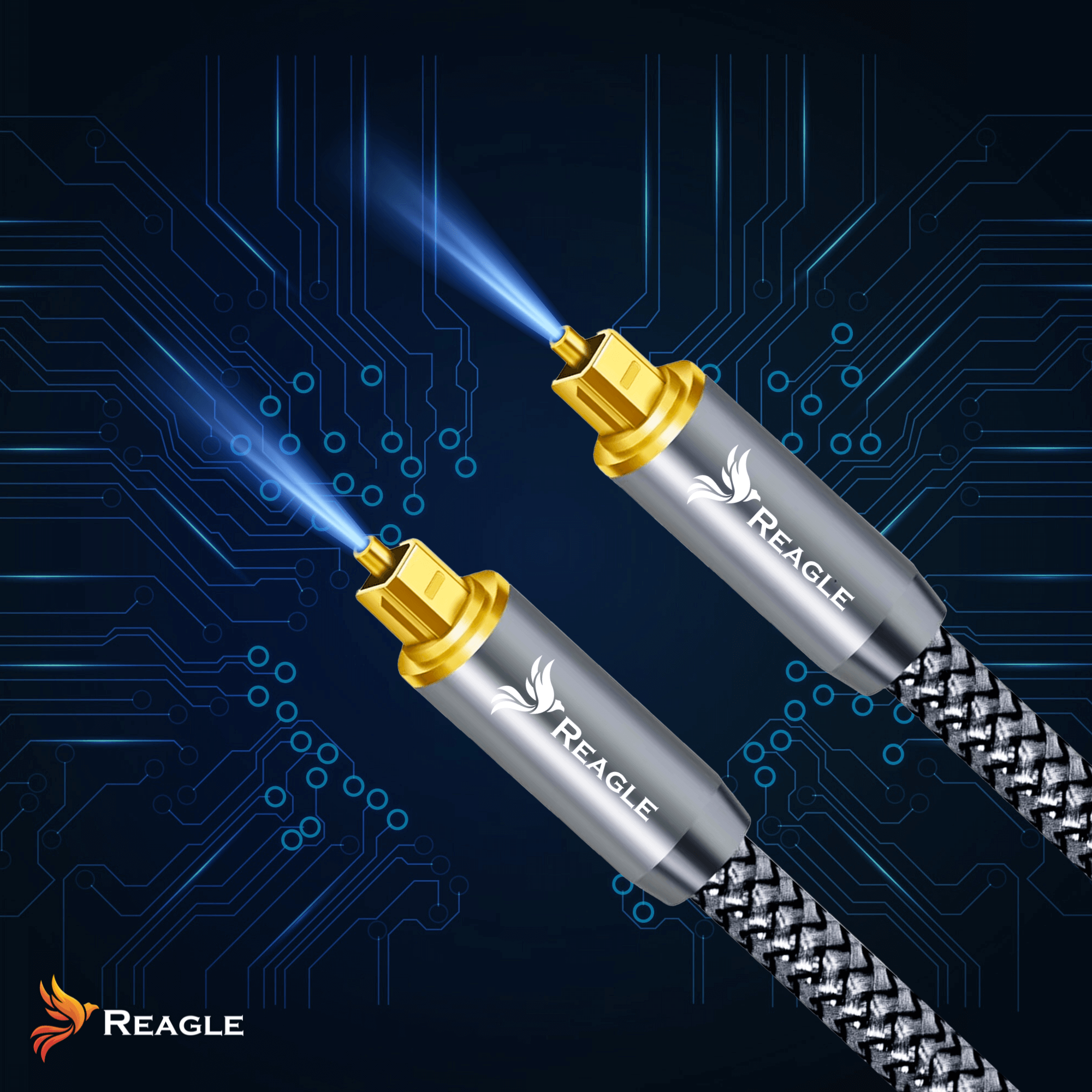 Dwa kable światłowodowe z niebieskim światłem na końcach, na niebieskim tle płytki obwodu.