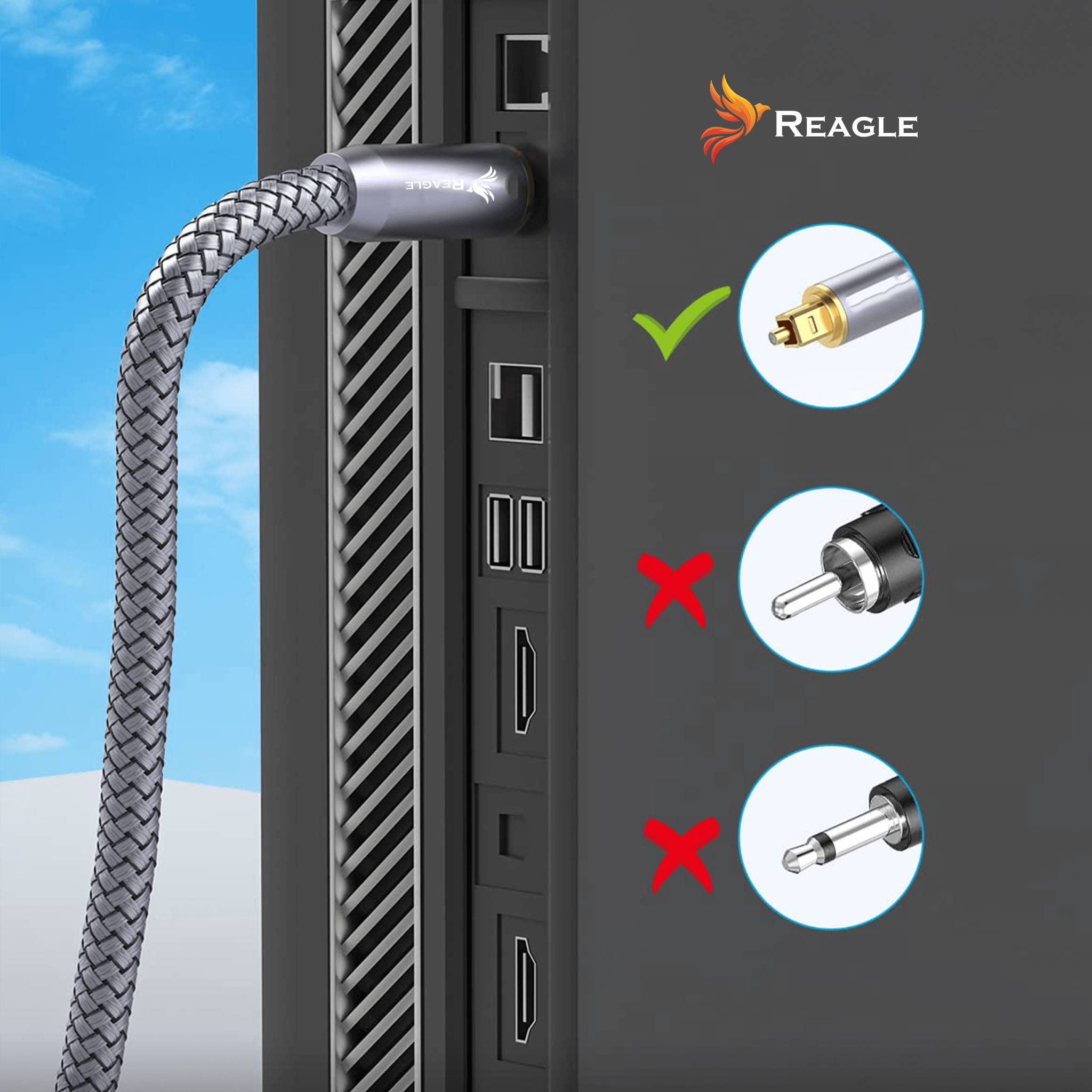 Srebrny kabel jest podłączony do czarnego urządzenia. Kabel jest pleciony. Na tle widoczne jest niebo.