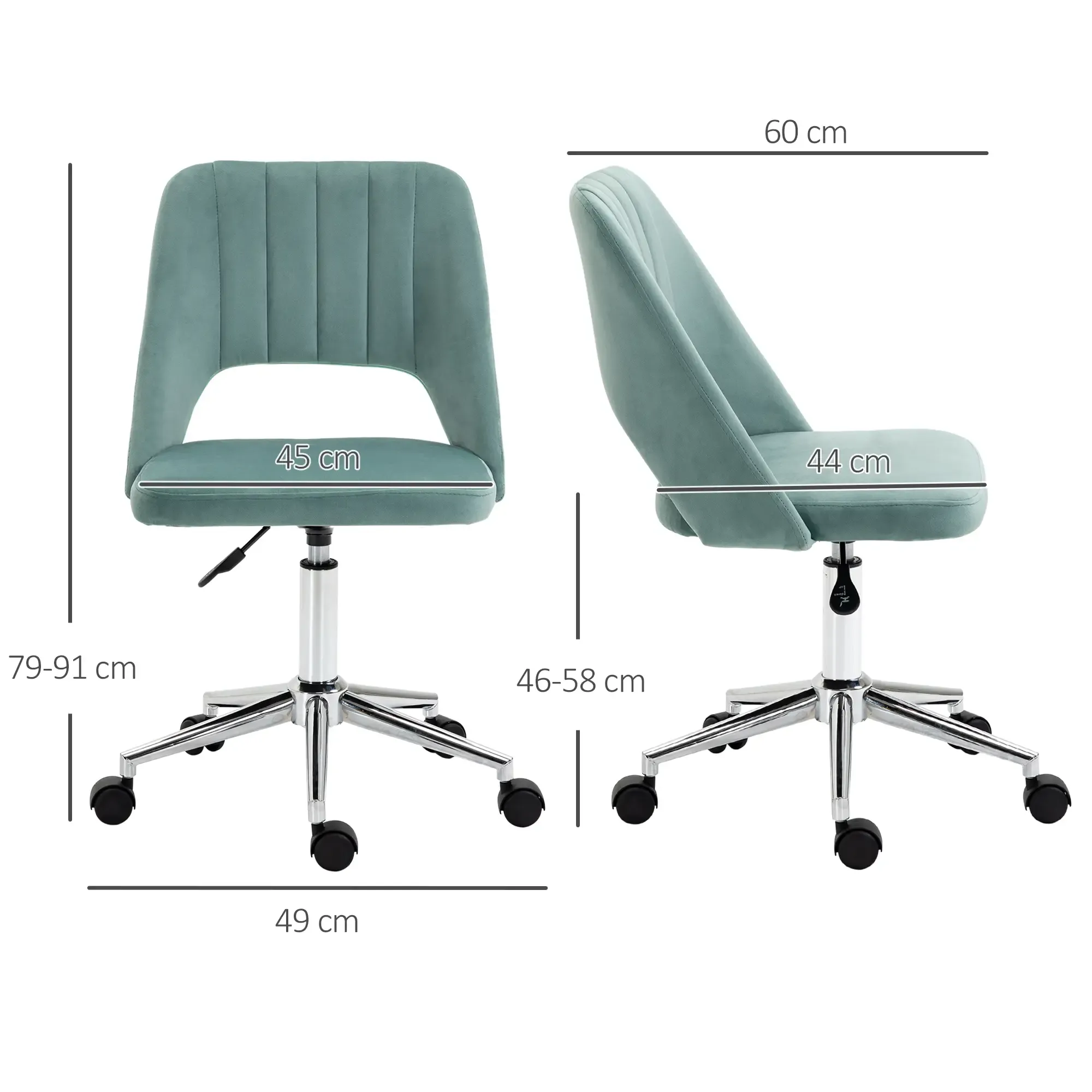 Zwei Ansichten eines Bürostuhls. Er ist teal mit einem Chromfuß und schwarzen Rollen. Abmessungen sind in Zentimetern angegeben.