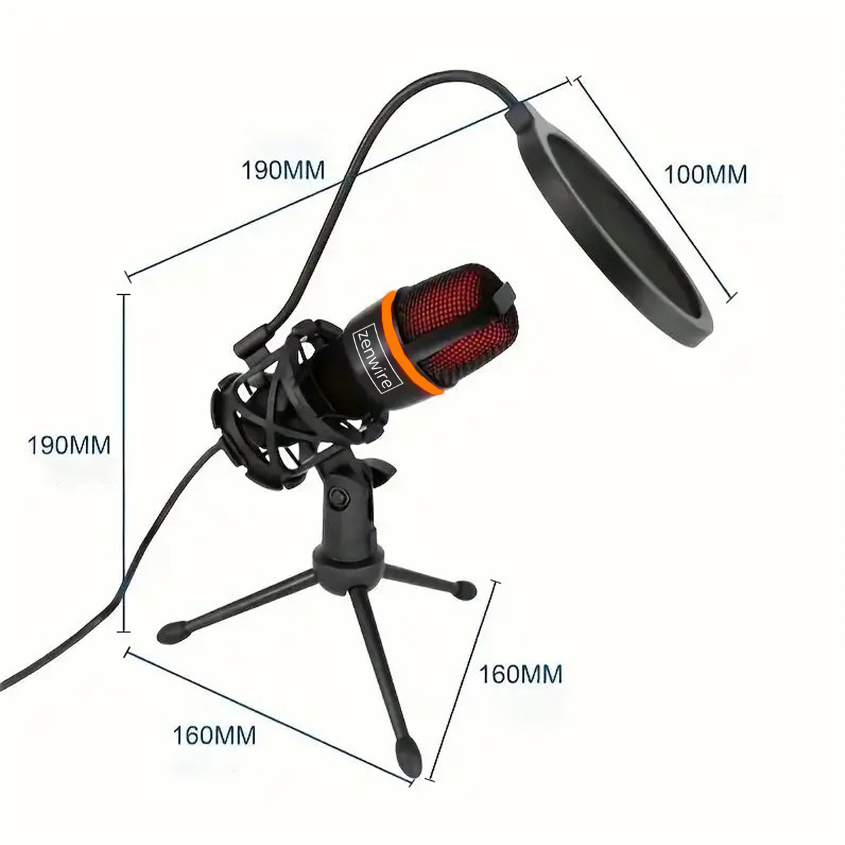 Czarny mikrofon z czerwoną siatką, filtrem pop i statywem. Wymiary są oznaczone. Marka to Zenwire.