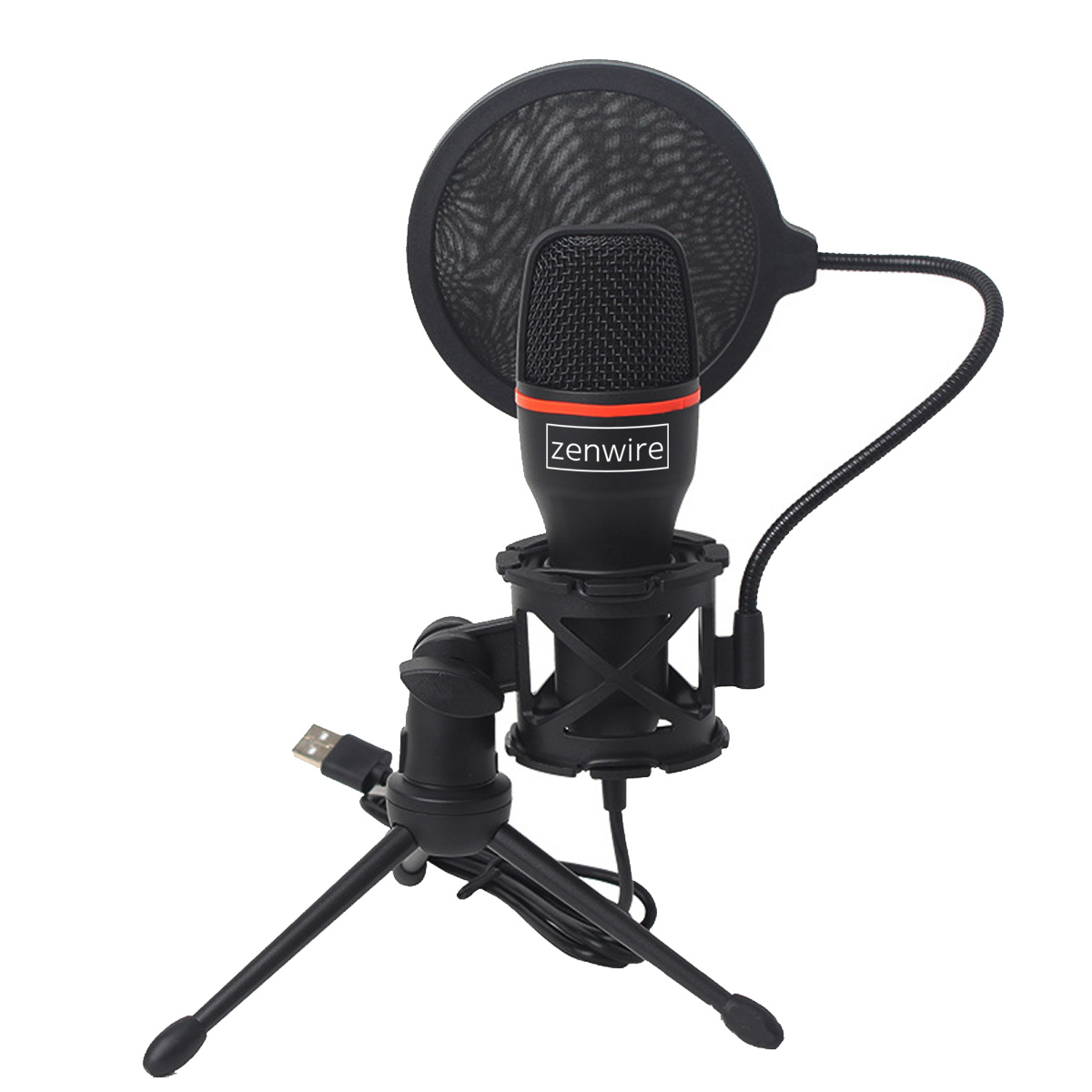 Czarny mikrofon z filtrem pop. Stoi na małym statywie. Mikrofon ma czerwony pasek i markę 'zenwire'.