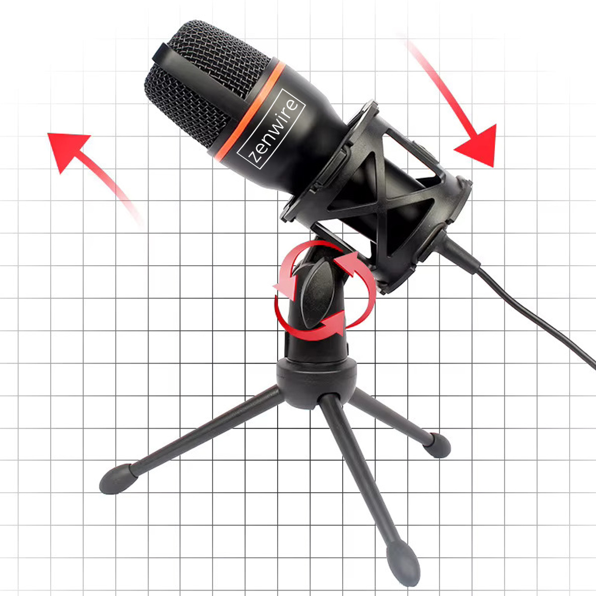 Czarny mikrofon na statywie z napisem 'zenwire'. Czerwone strzałki wskazują punkty regulacji. Tło to biała krata.