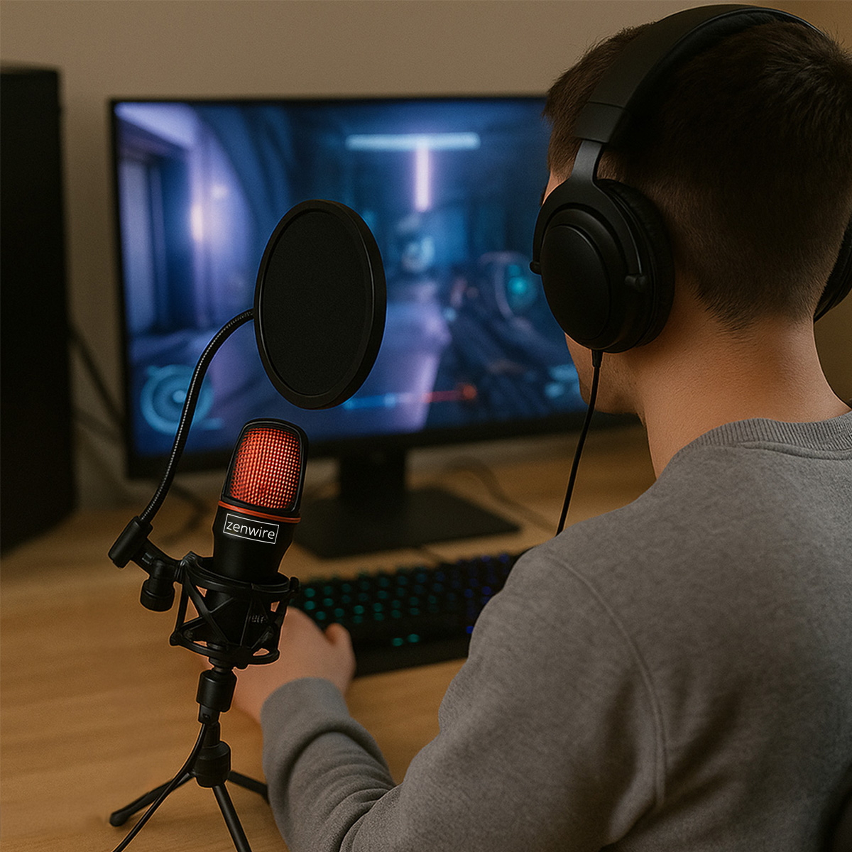 Osoba w słuchawkach gra w gry. Mikrofon z filtrem pop jest przed monitorem. Klawiatura jest widoczna.