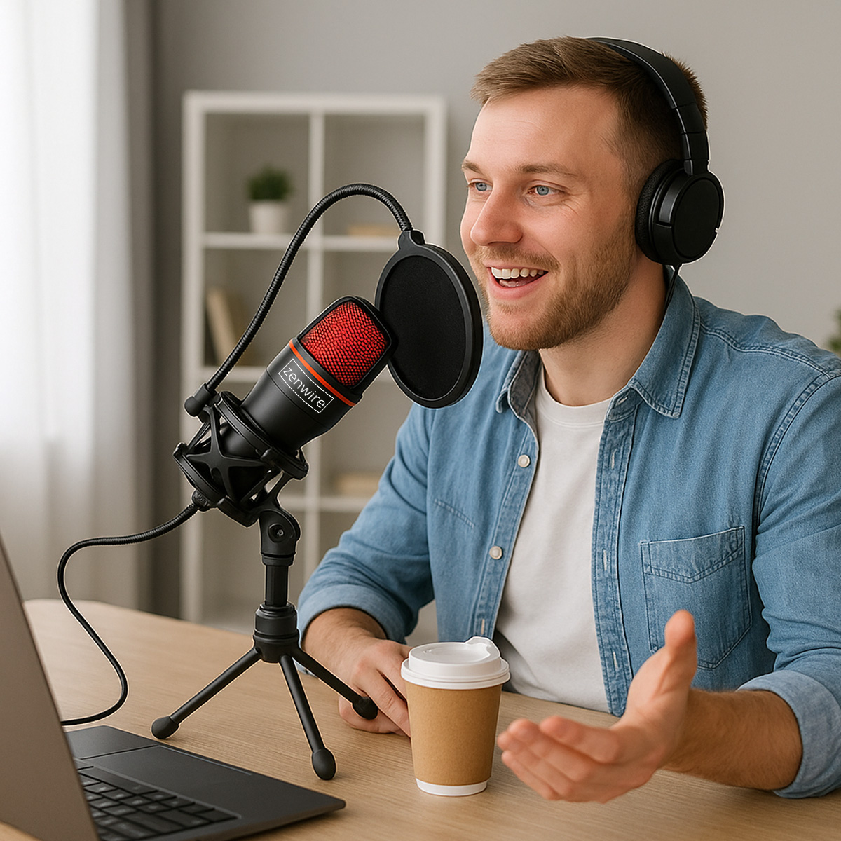 Mężczyzna w słuchawkach prowadzi podcast. Mówi do mikrofonu. Na biurku jest laptop i kubek kawy.