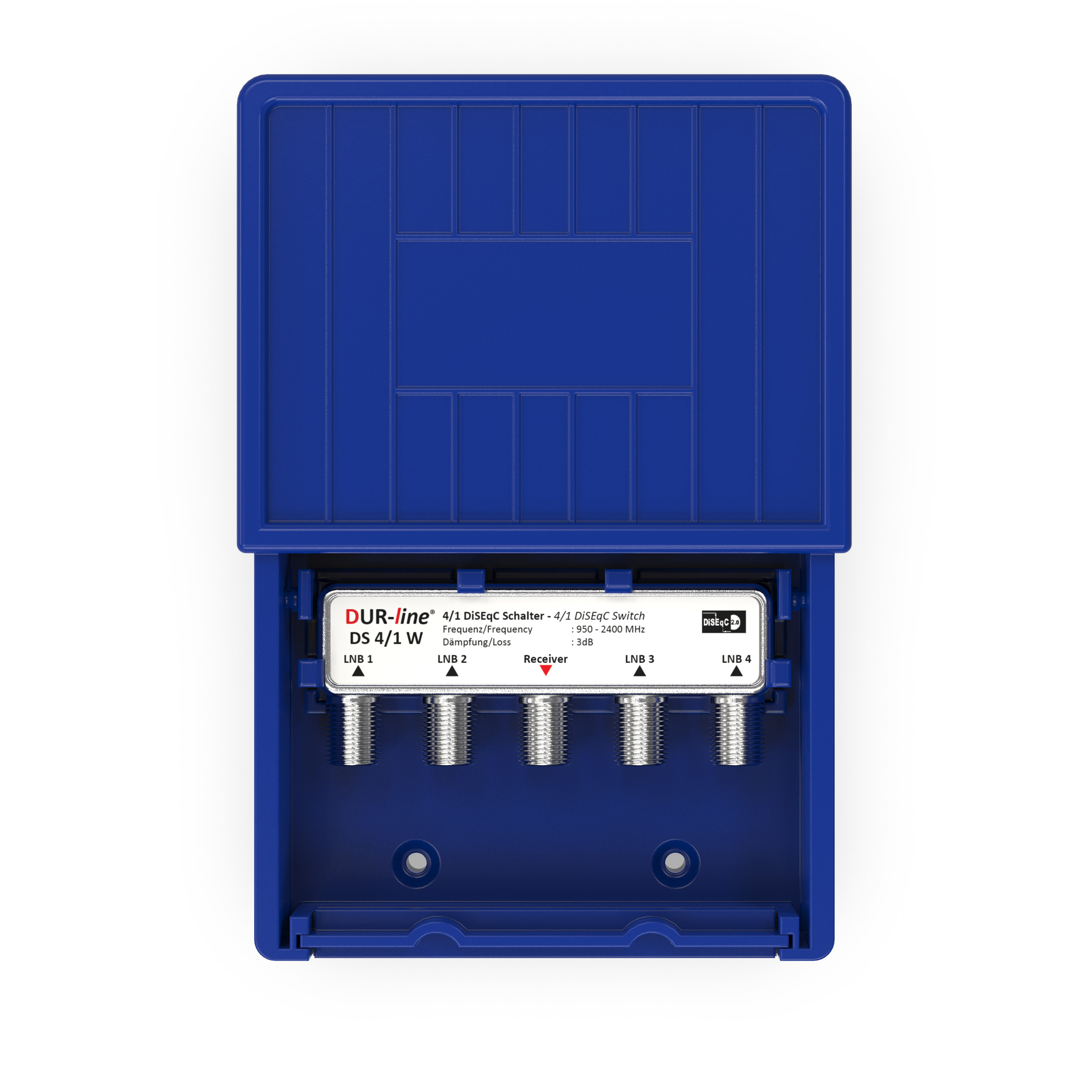 Blaues elektronisches Gerät mit vier Eingängen namens LNB. Text enthält 'DUR-line' und technische Daten auf weißem Hintergrund.