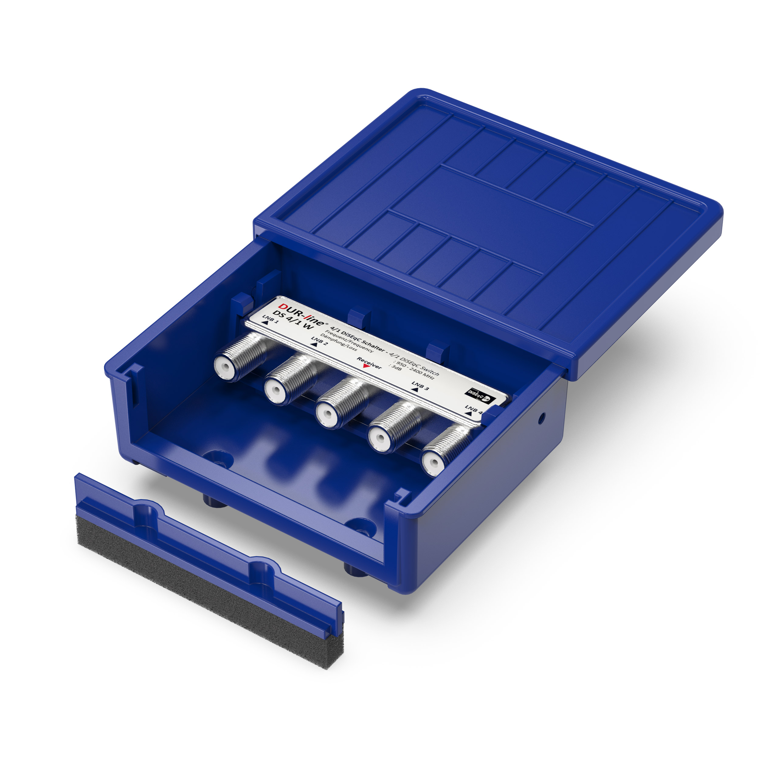 Ein blauer Satellitensignalverteiler ist geöffnet und zeigt Anschlüsse und ein Etikett. Ein Schwamm ist abgetrennt.
