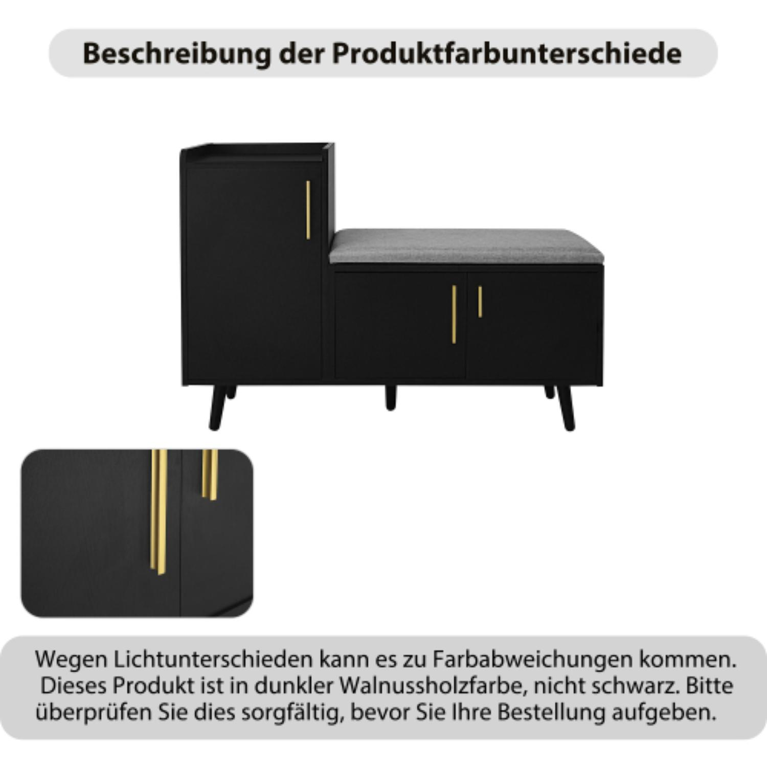 Schwarze Schuhbank mit goldenen Griffen. Sie hat einen grauen Sitz und einen kleinen Schrank an der Seite. Das Produkt ist Walnuss.