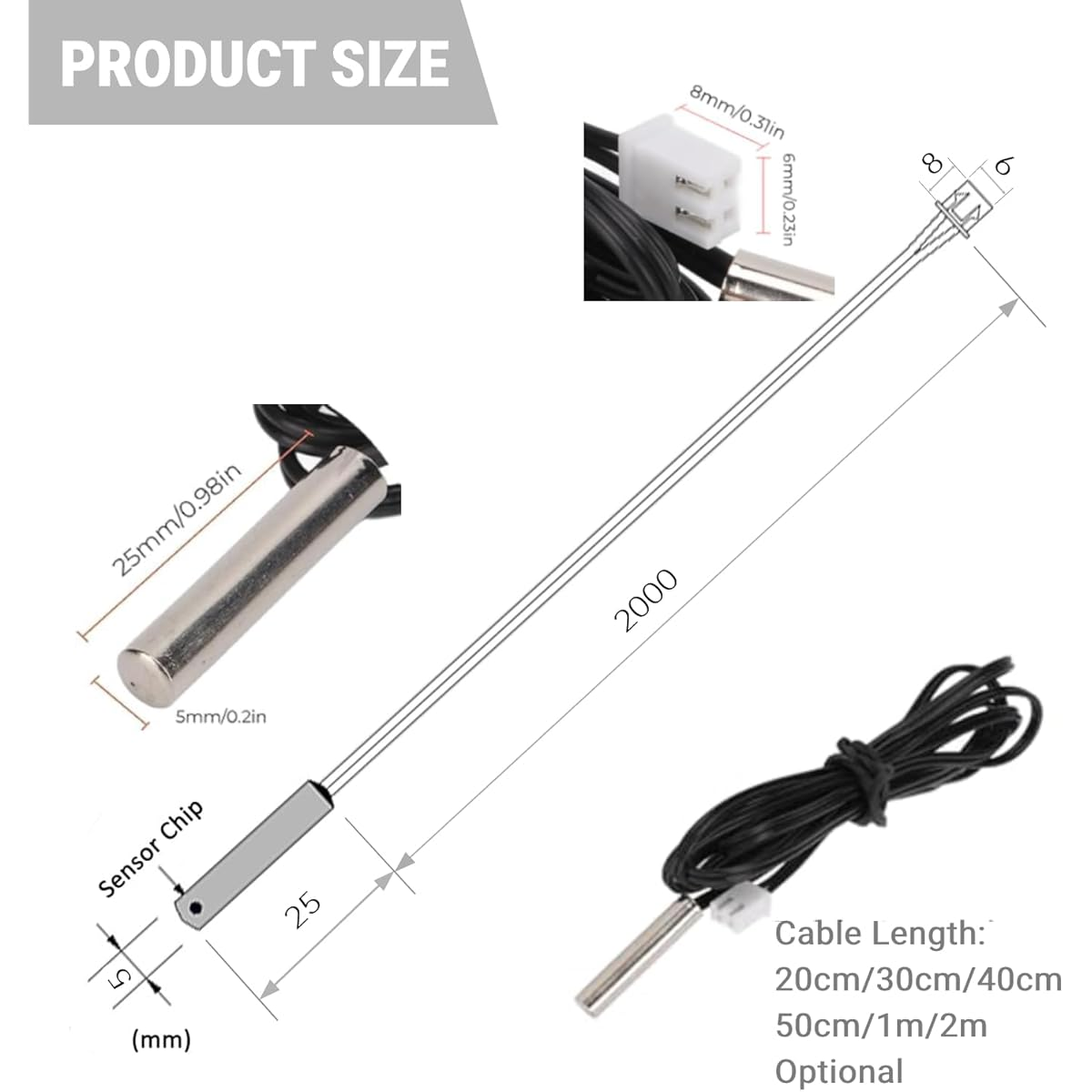 Das Bild zeigt einen Sensor mit Abmessungen, einem Kabel und einem Stecker. Text gibt Produktgröße und Kabellängenoptionen an.
