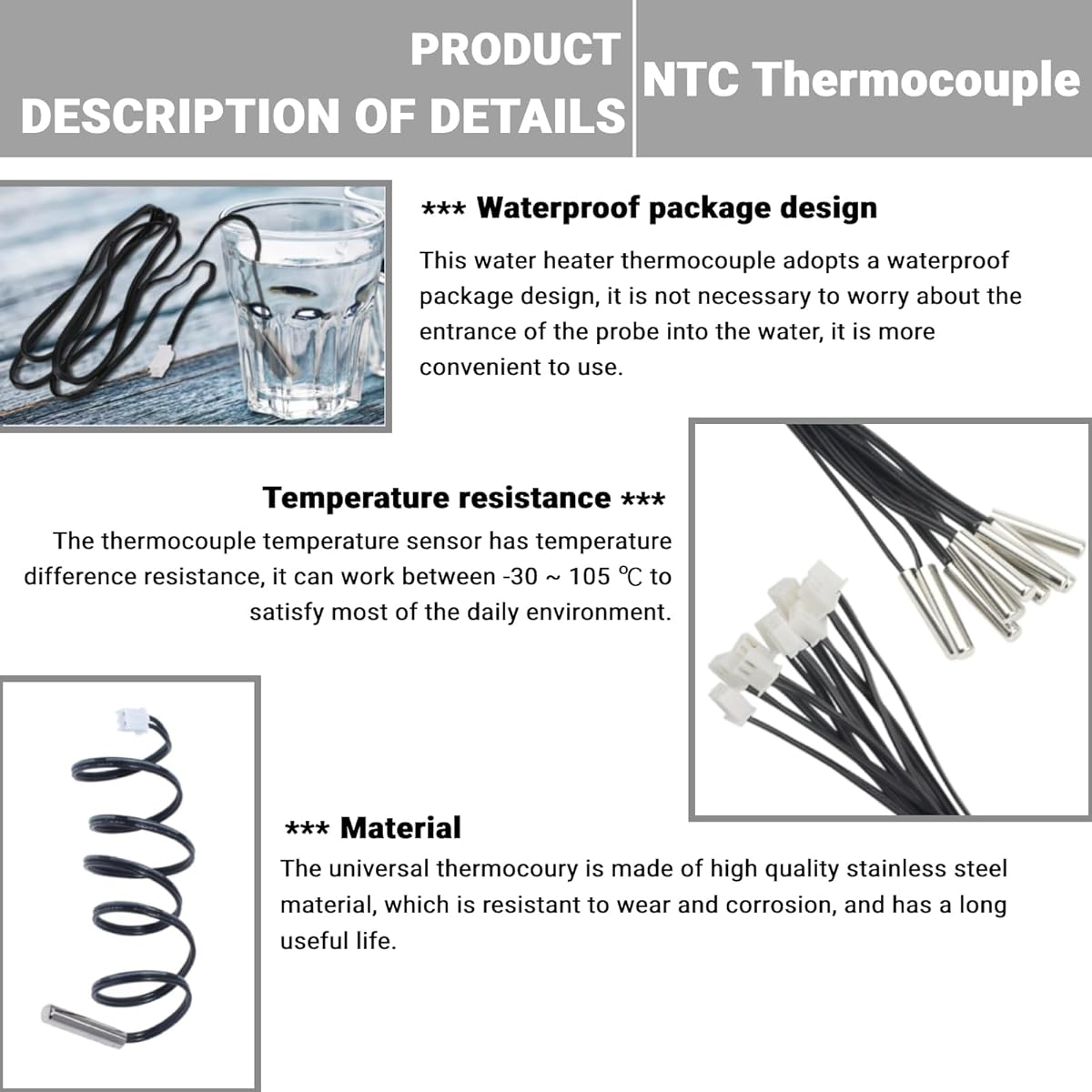 Das Bild zeigt ein NTC-Thermoelement-Produkt. Details umfassen wasserdichtes Design, Temperaturbeständigkeit und Materialinformationen.