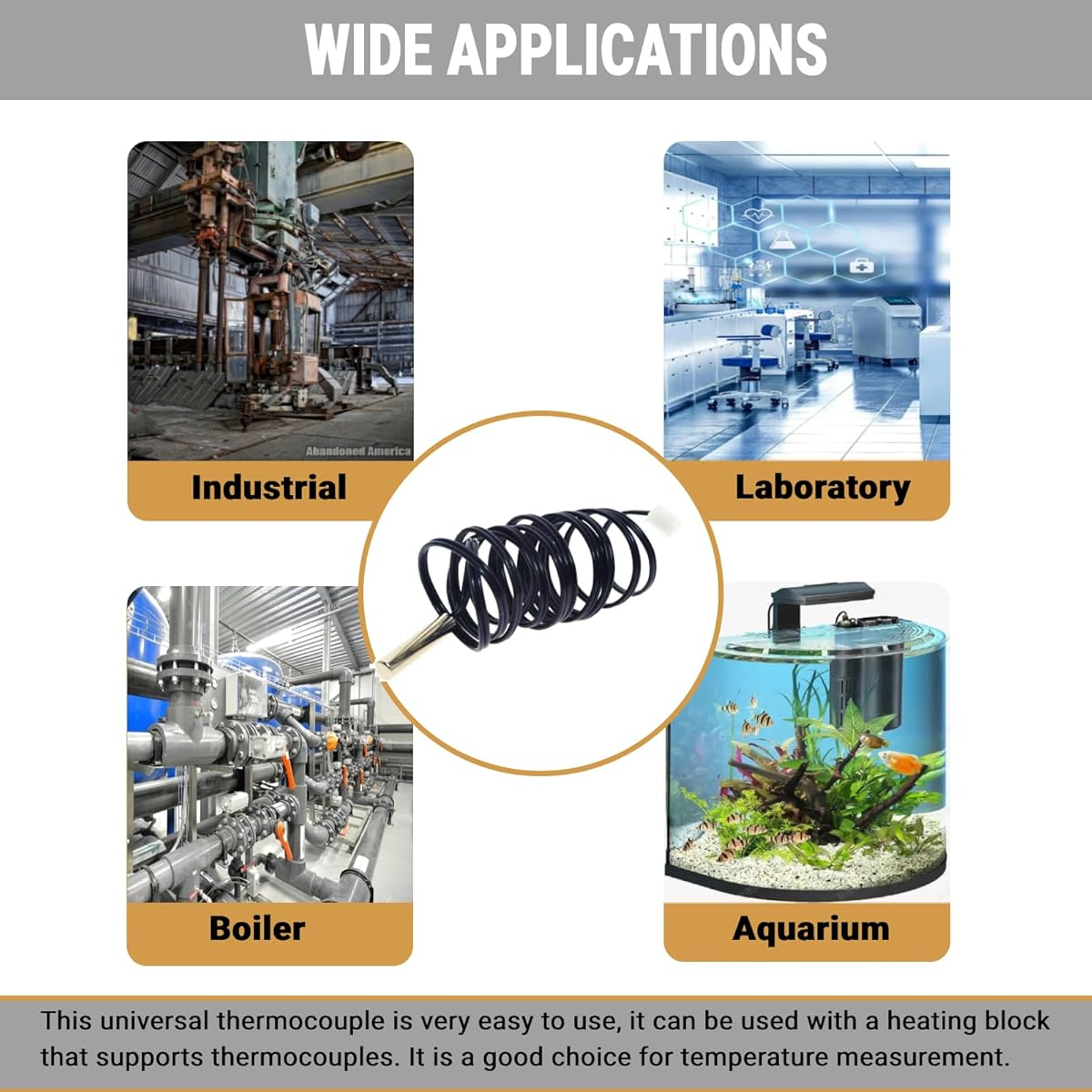 Das Bild zeigt Anwendungen: Industrie, Labor, Kessel und Aquarium. Ein Thermoelement ist in der Mitte. Text: Breite Anwendungen.