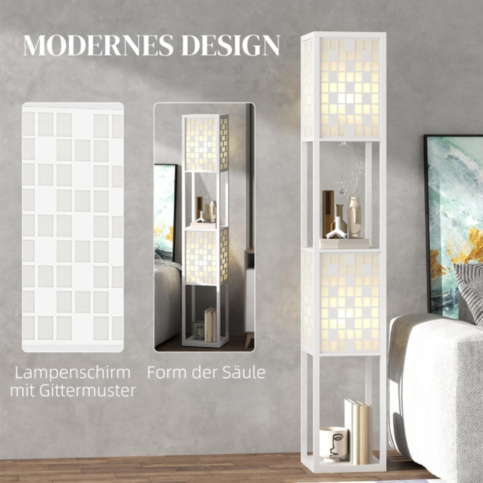Weiße Stehlampe mit Gittermuster, Regalen und Dekor. Spiegelbild zeigt die Lampe. Modernes Design.