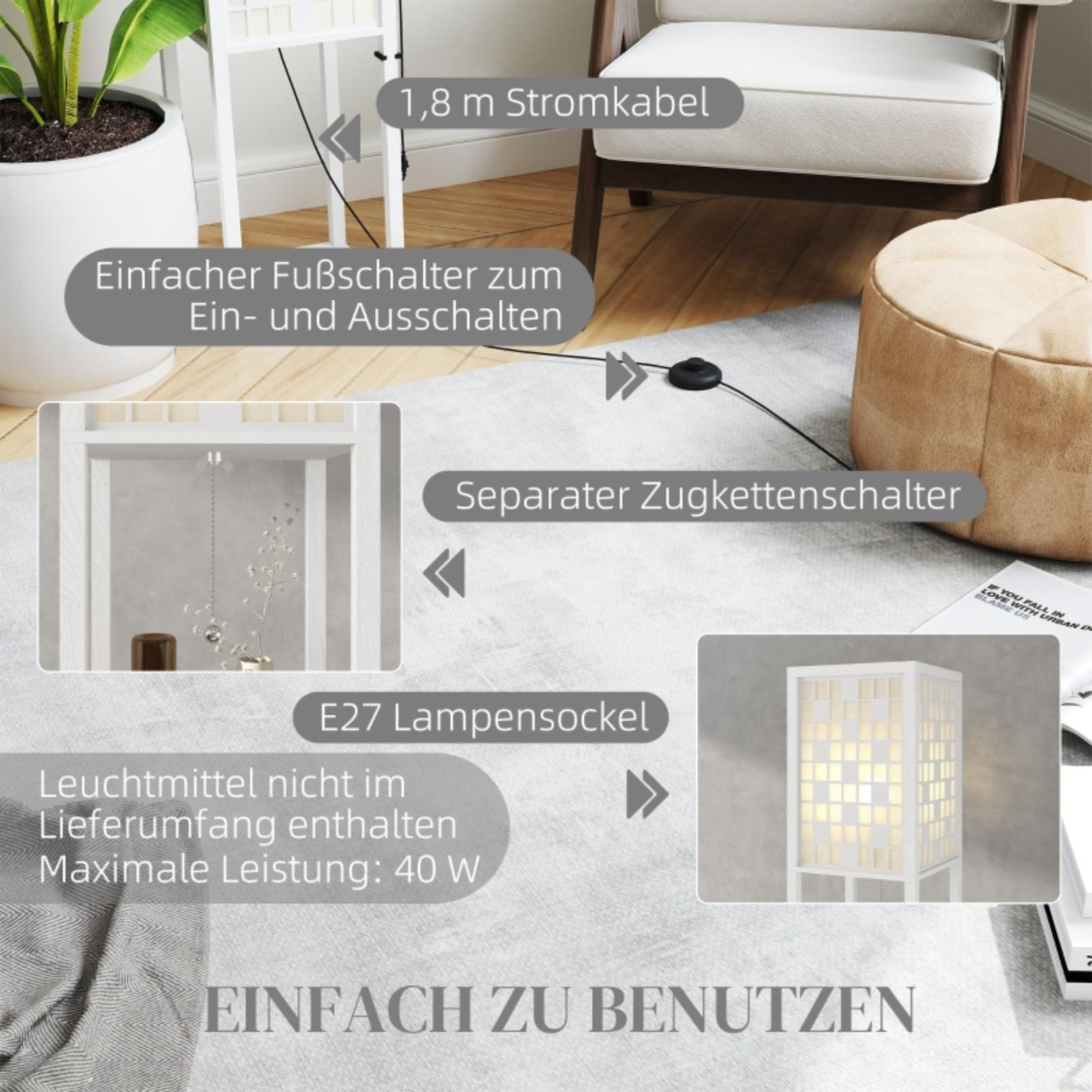 Eine Lampe mit Gitterdesign. Ein Fußschalter und eine Zugkette sind ebenfalls sichtbar. Text auf Deutsch ist vorhanden.