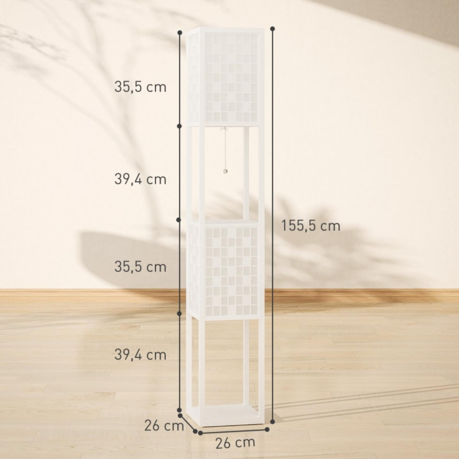 Eine weiße Stehlampe mit Maßangaben. Sie steht vor einer beigen Wand, mit Schatten von oben.