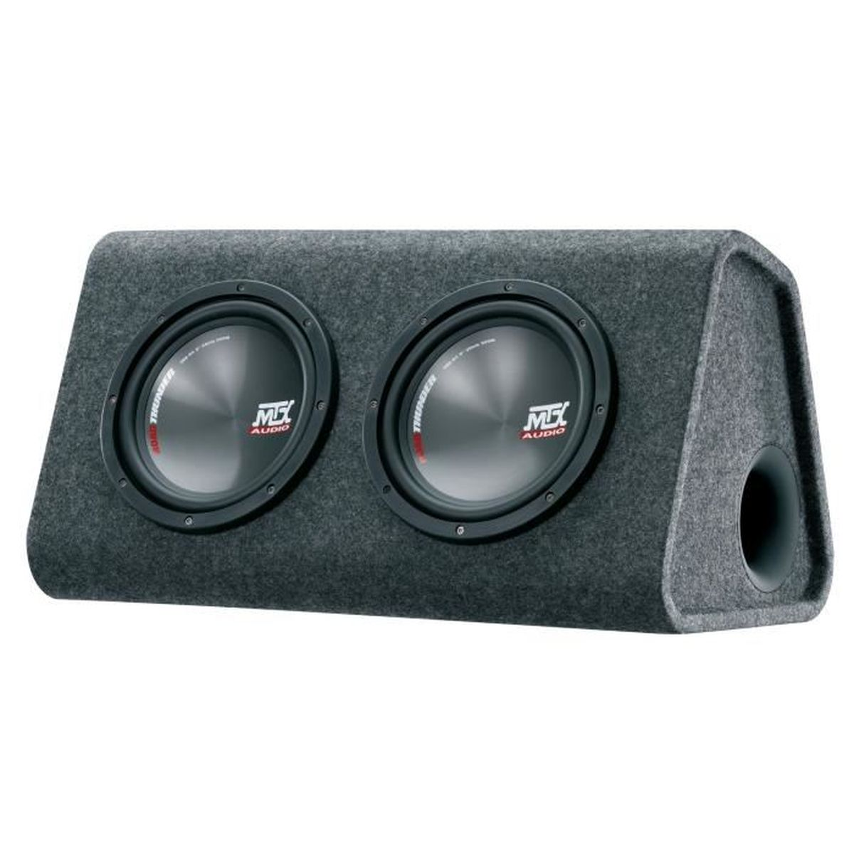 Graue Subwoofer-Box mit zwei Lautsprechern. Jeder Lautsprecher hat einen schwarzen Rand und eine silberne Mitte mit dem Logo "MTX Audio". Ein Anschluss ist sichtbar.