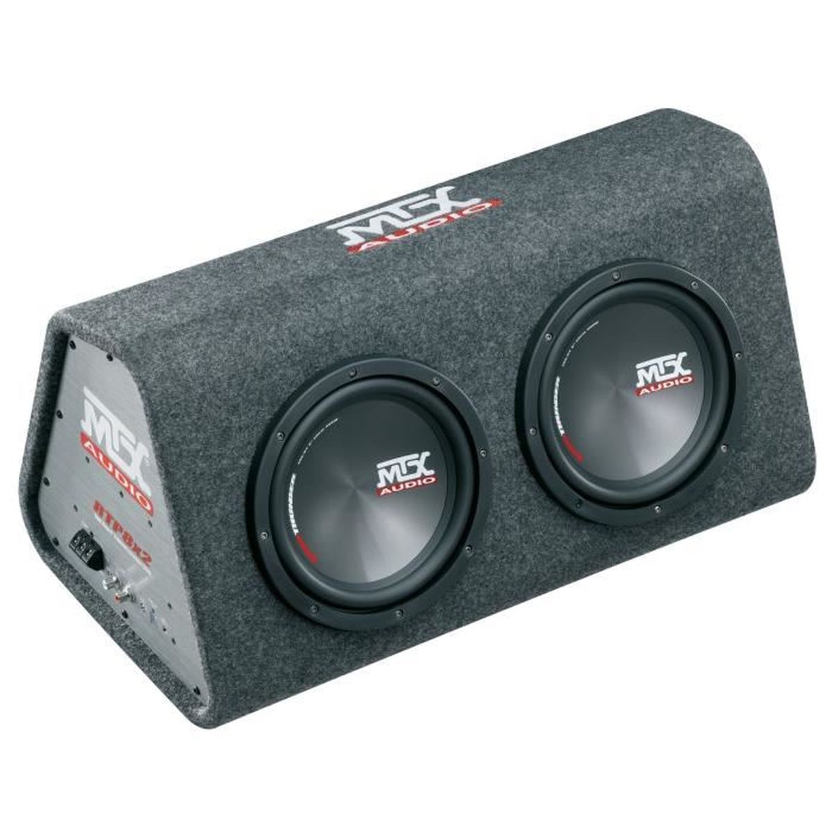 Ein grauer Subwoofer mit zwei schwarzen Lautsprechern. Der Markenname MSX Audio ist sichtbar.