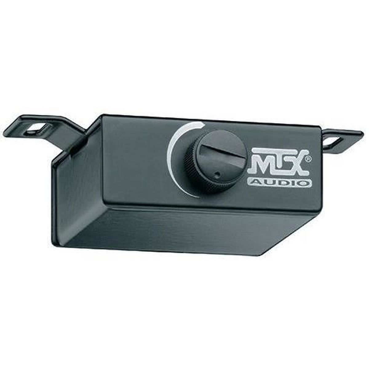 Ein schwarzes MTX Audio-Gerät mit einem Knopf und dem Logo. Es hat zwei Montagehalterungen und einen weißen Bogen.