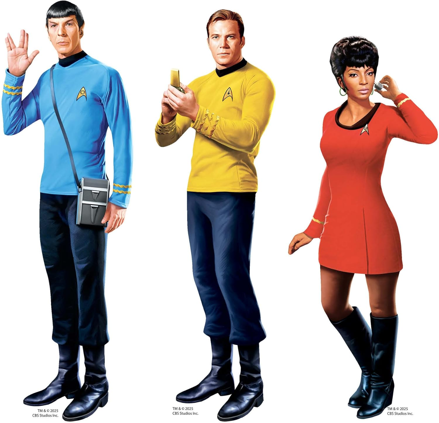 Drei Star Trek-Charaktere: Spock in Blau, Kirk in Gelb und Uhura in Rot, jeweils mit ikonischen Uniformen und Accessoires.