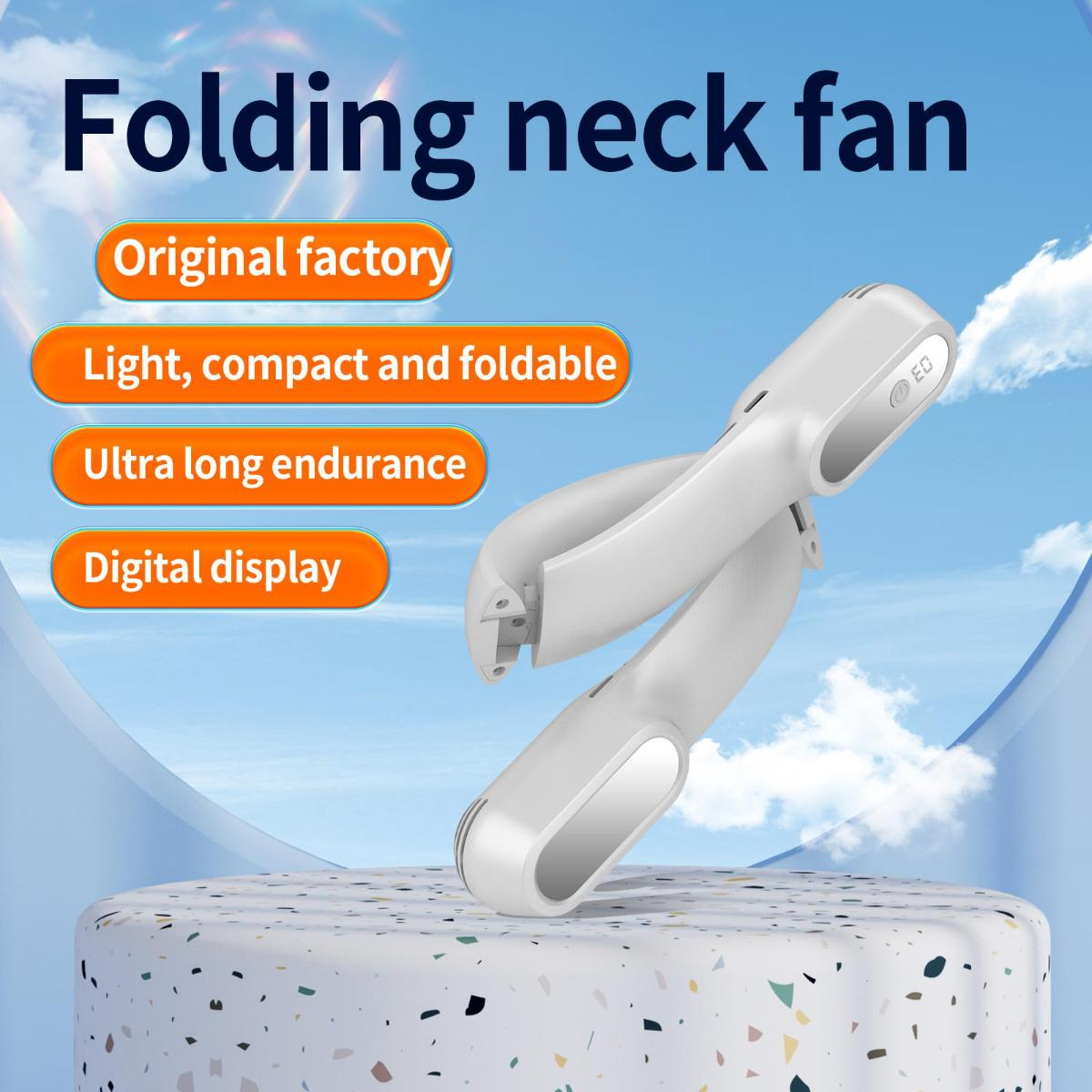 Ein weißer faltbarer Nackenventilator wird auf einer strukturierten Plattform vor blauem Himmel gezeigt. Text hebt Merkmale wie 'Originalfabrik' hervor.