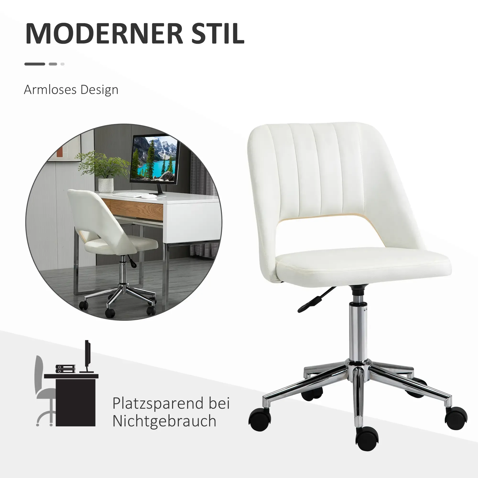 Ein weißer, moderner Bürostuhl. Das Bild zeigt auch einen Schreibtisch mit Computer und Stuhl im Kreis.
