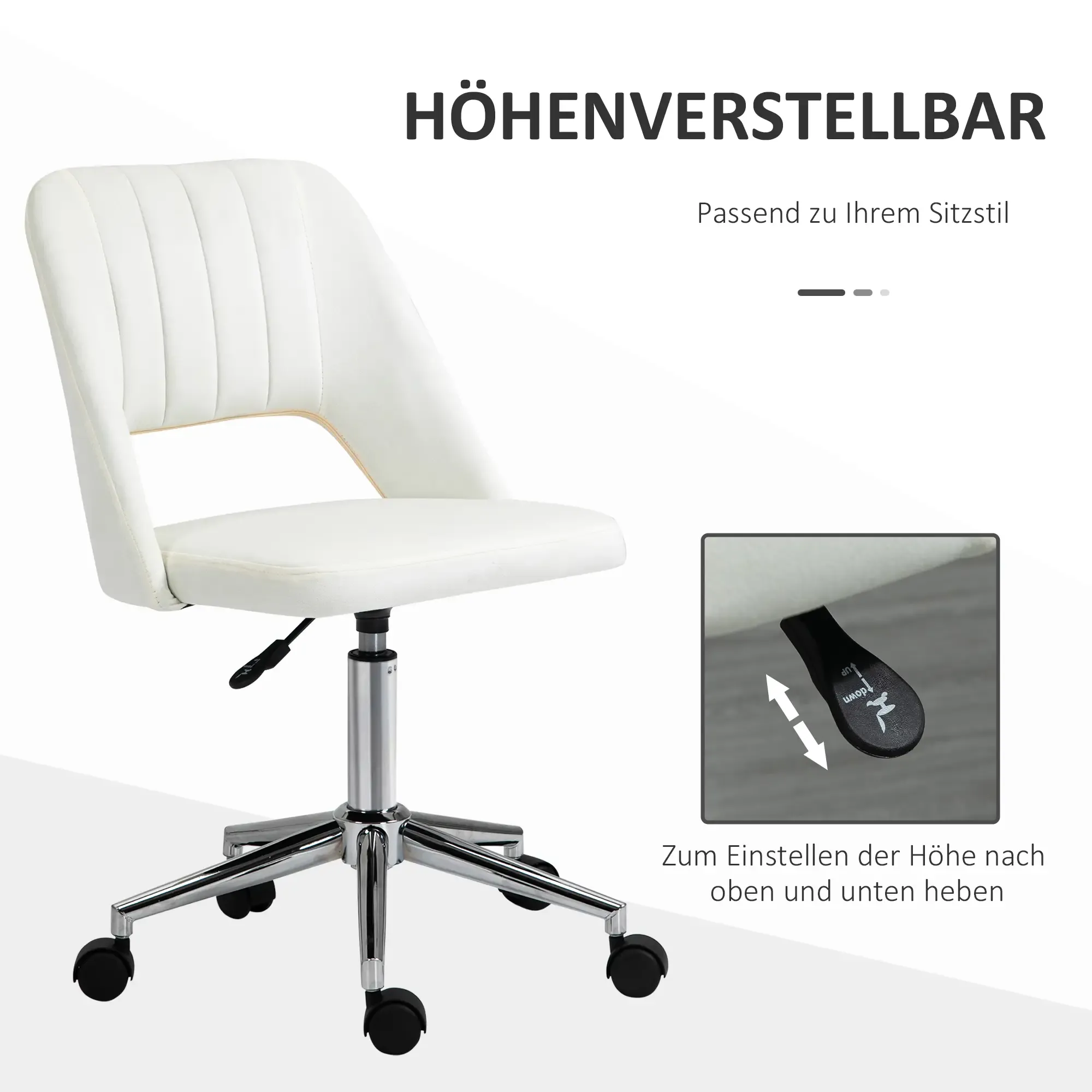 Weißer Bürostuhl mit Chrombasis und schwarzen Rollen, höhenverstellbar. Detail zeigt Hebel und Text.