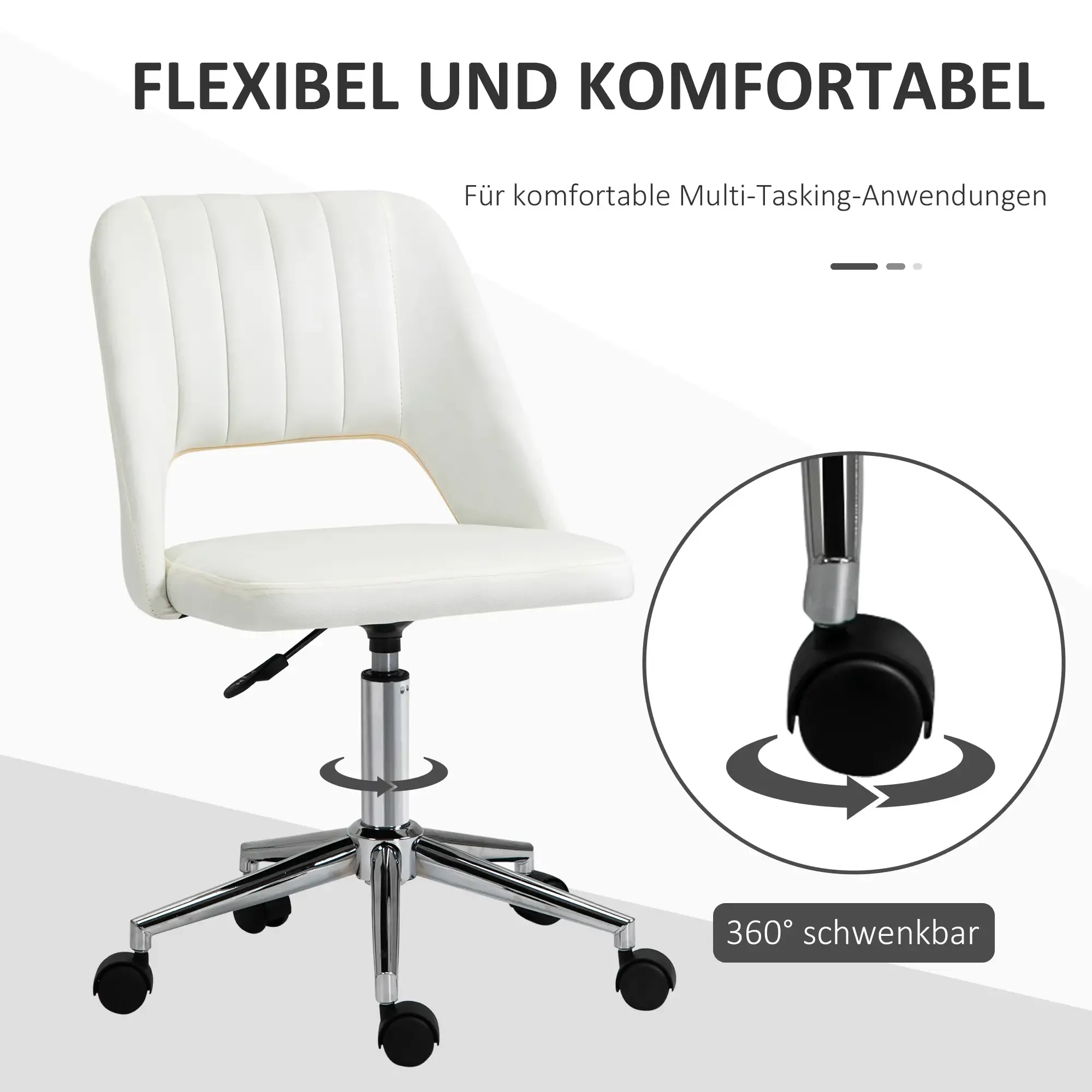 Weißer Bürostuhl mit gepolsterter Rückenlehne und Sitzfläche. Er hat ein Chromgestell mit Rädern. Das Bild hat Text auf Deutsch.