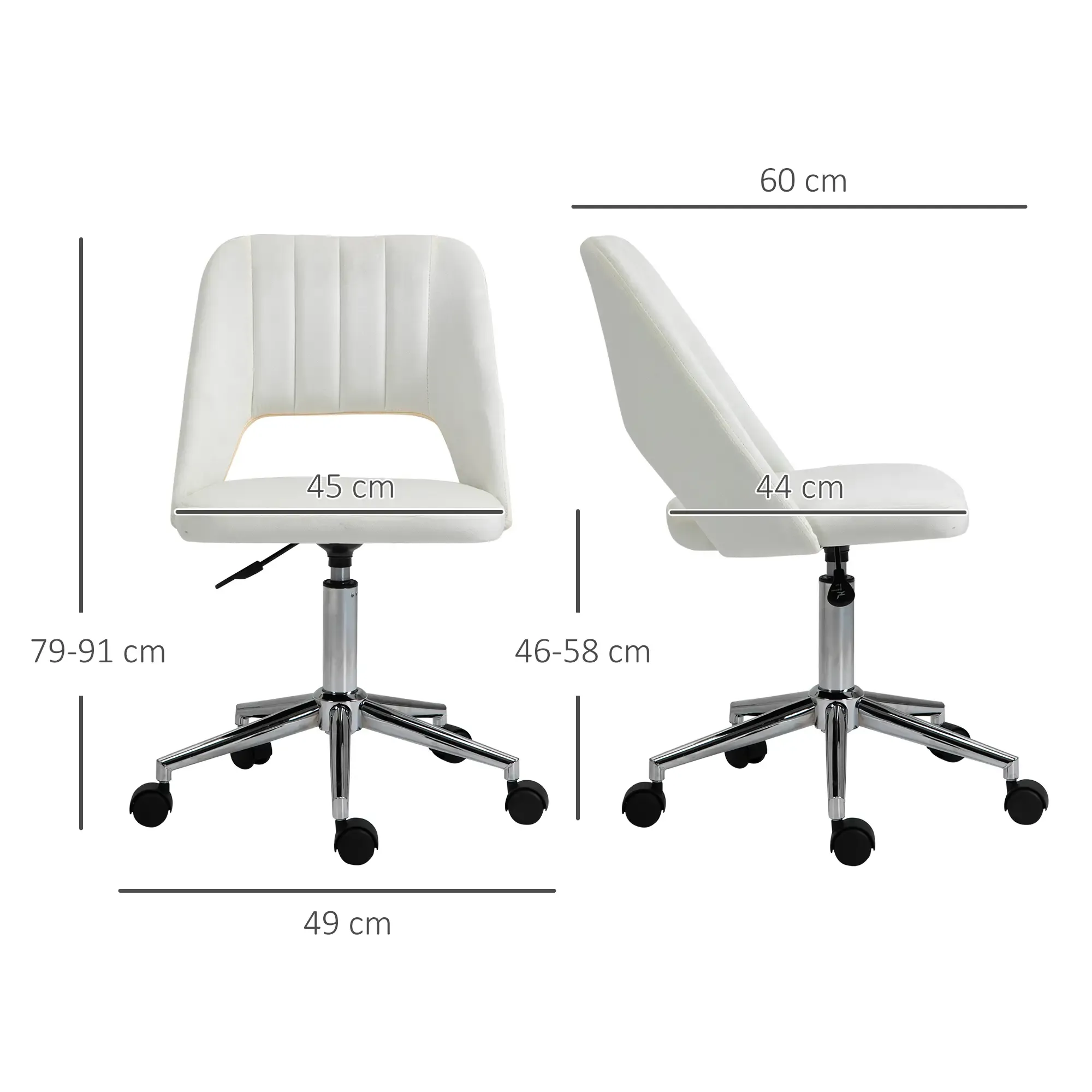 Zwei weiße Bürostühle mit Chromgestellen werden gezeigt. Abmessungen sind angegeben. Die Stühle stehen nebeneinander und zeigen Vorder- und Seitenansicht.