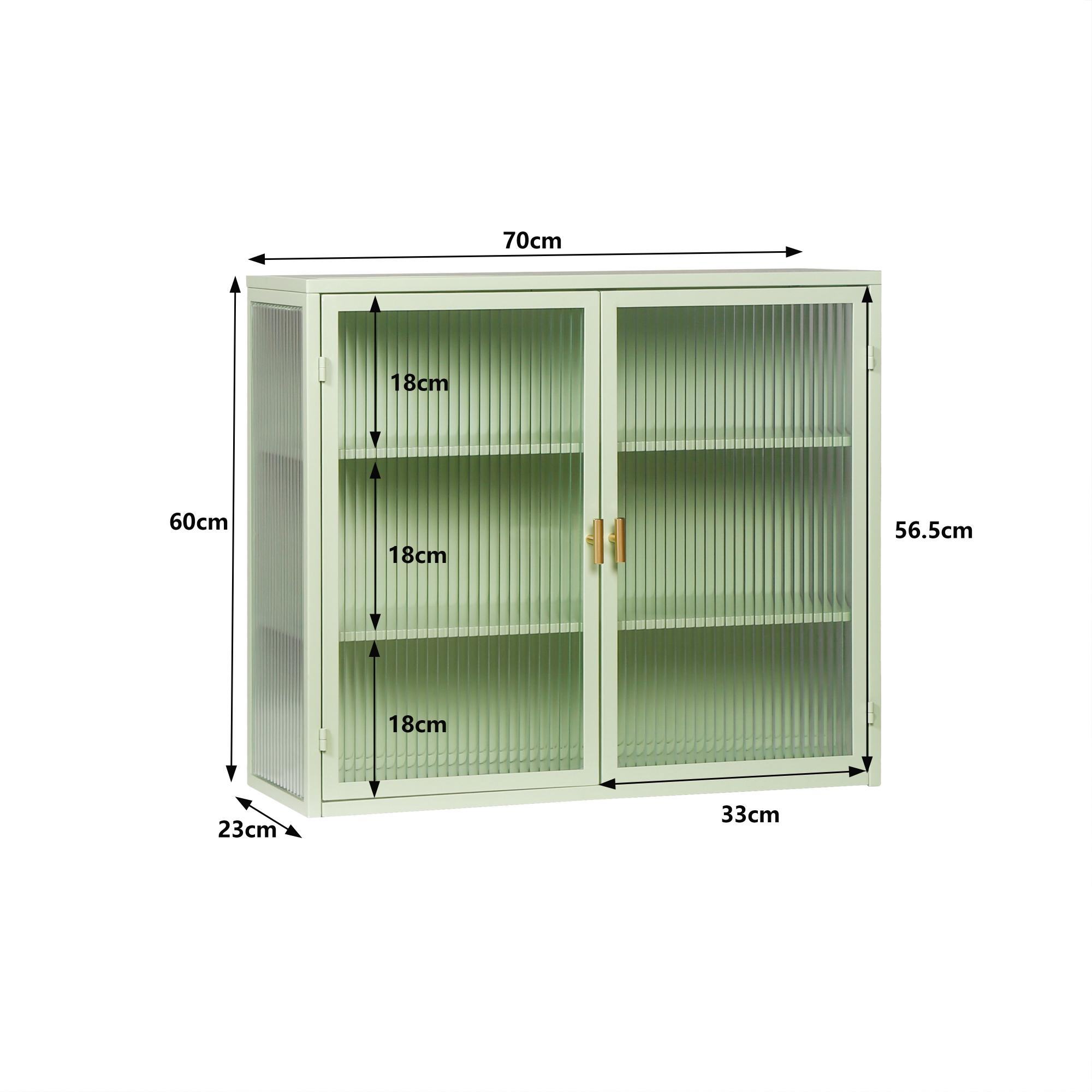 Hellgrüner Schrank mit Glastüren. Abmessungen: 70cm breit, 60cm hoch, 23cm tief. Regale sichtbar.