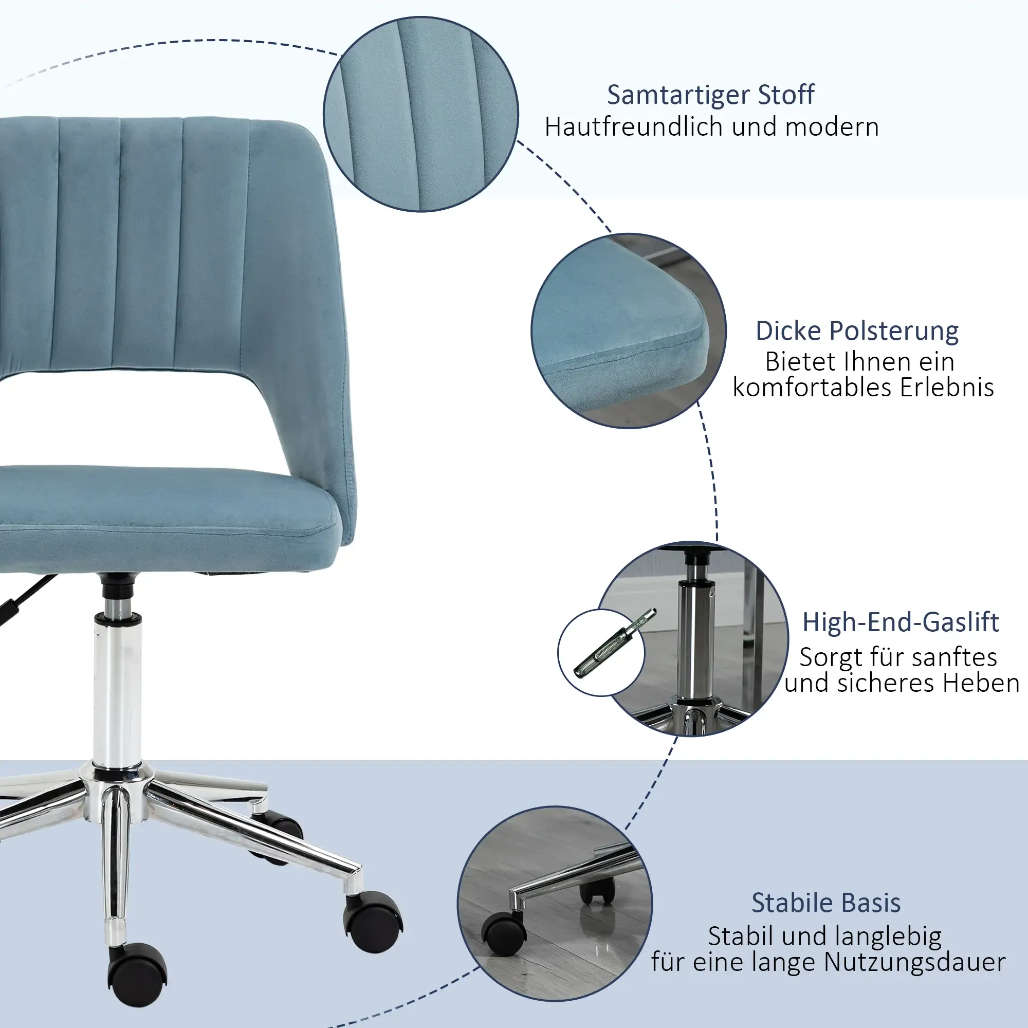 Bürostuhl mit blauem, samtigem Sitz und Rückenlehne. Er hat ein Chromgestell und Rollen. Details werden hervorgehoben.