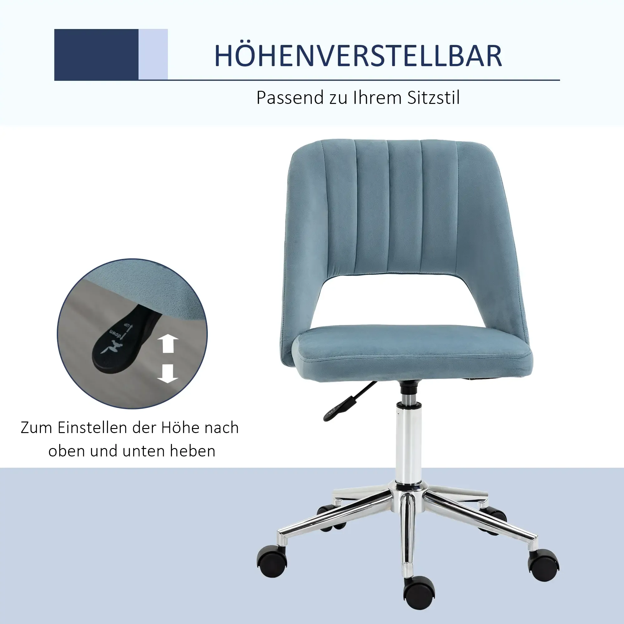 Ein blauer Bürostuhl mit höhenverstellbarer Funktion. Er hat ein Fünf-Sterne-Gestell mit Rollen, eine gepolsterte Sitzfläche und Rückenlehne.