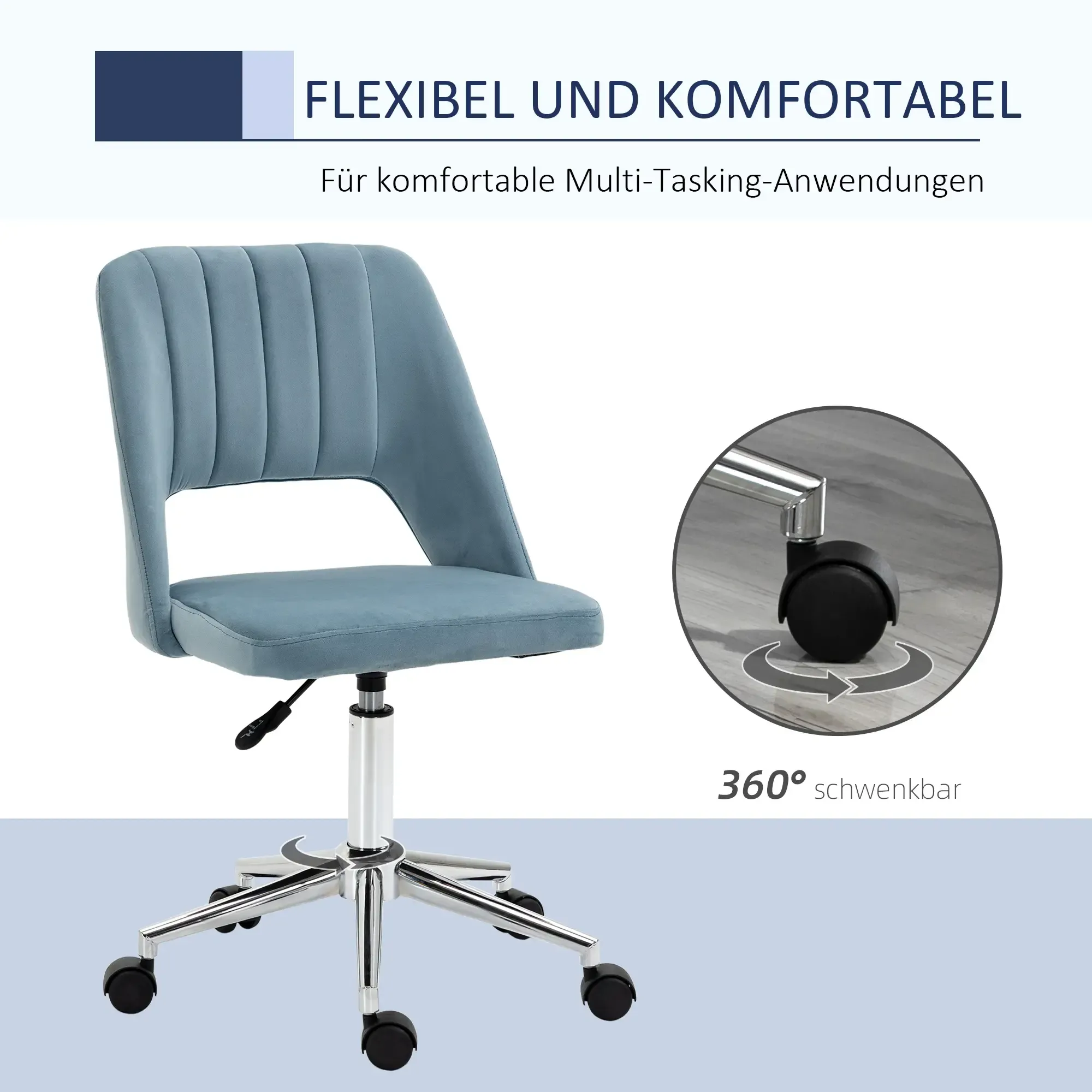 Blauer Bürostuhl auf Rädern mit Chromfuß. Der Text oben lautet 'Flexibel und komfortabel'.