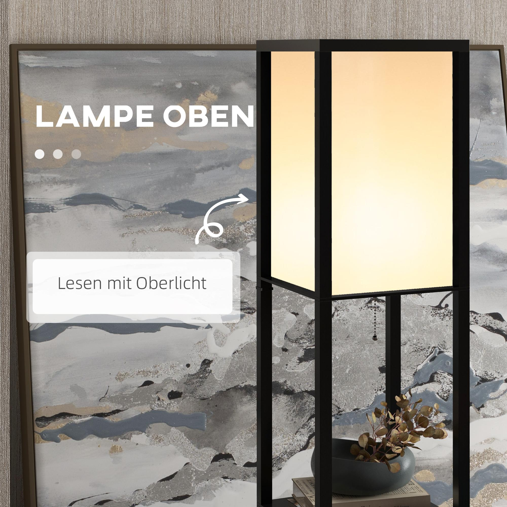 Eine schwarze Stehlampe mit hellem Licht. Dahinter ein Gemälde. Eine kleine Vase mit Pflanzen steht unter dem Licht.