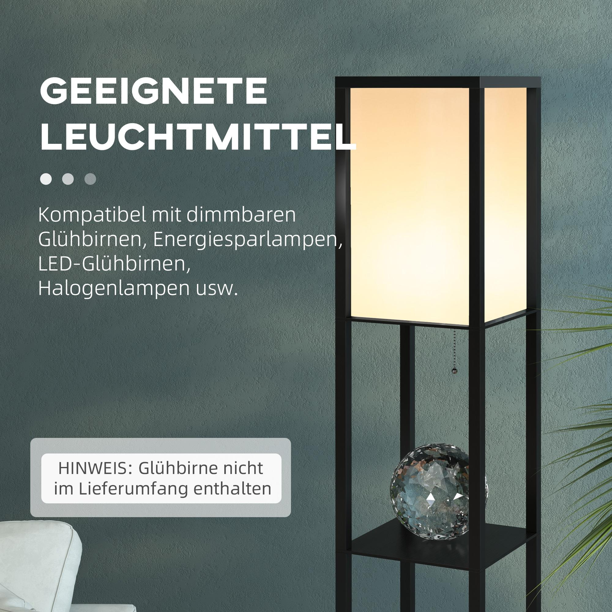 Eine schwarze Stehlampe mit weißem Licht, einer Kristallkugel und Text auf Deutsch. Der Hintergrund ist eine strukturierte Wand.