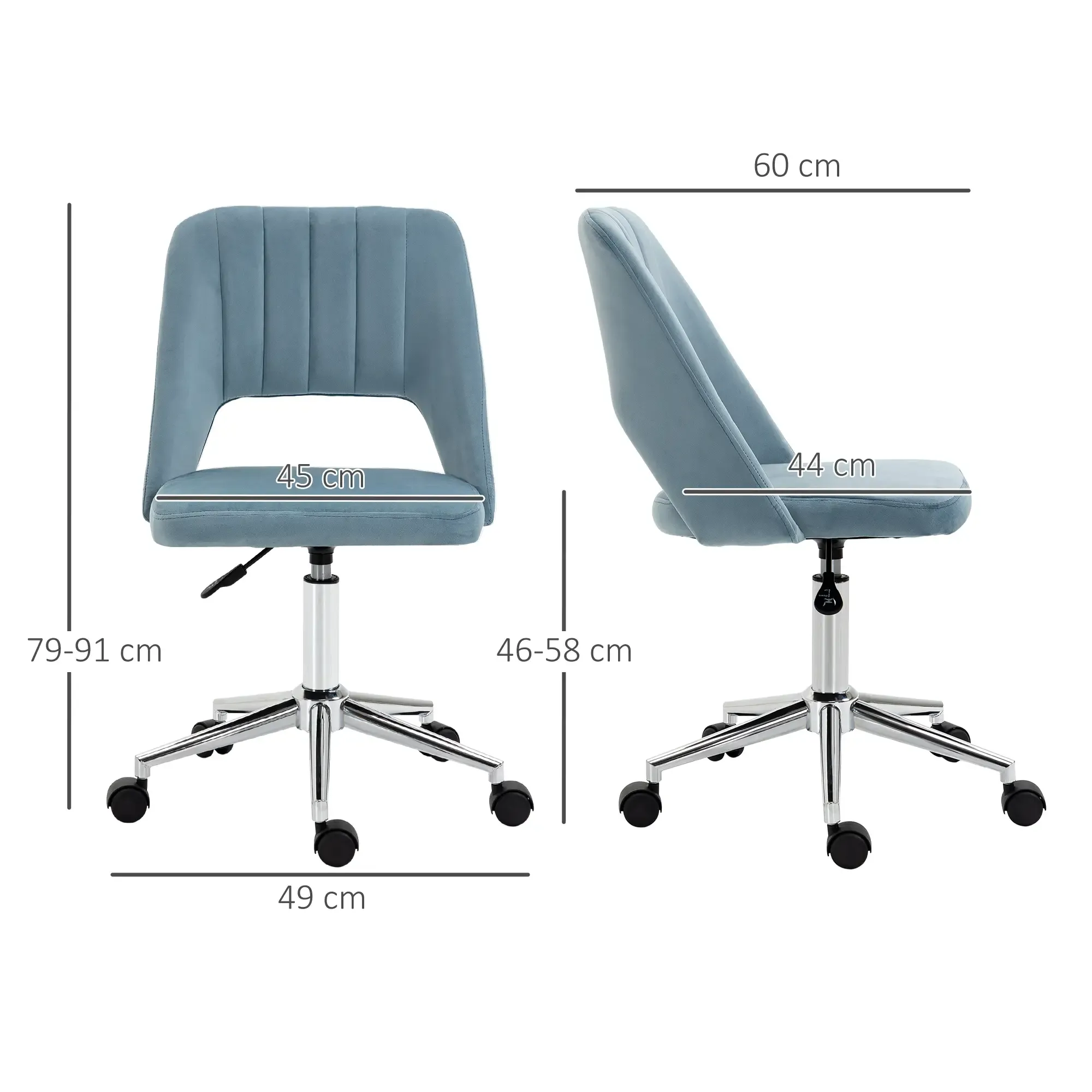 Zwei Ansichten eines blauen Bürostuhls mit Maßangaben. Er hat ein Chromgestell mit Rollen und eine gepolsterte Sitzfläche und Rückenlehne.