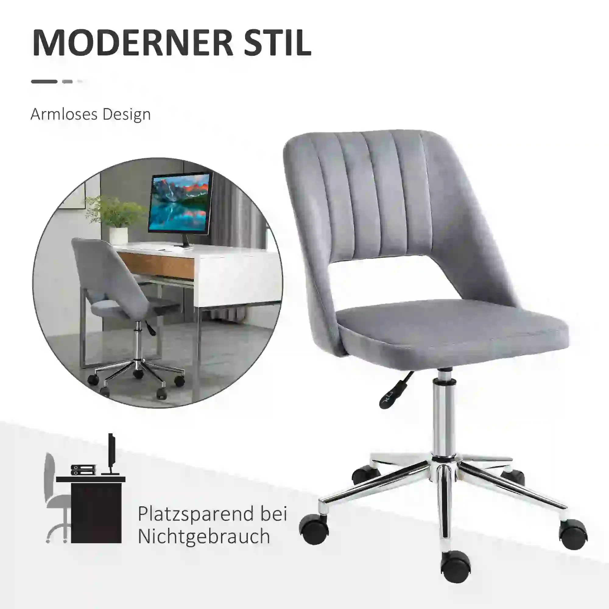 Ein grauer, moderner Bürostuhl mit gepolstertem Sitz und Rücken, Chromfuß und schwarzen Rollen. Er hat einen Hebel zur Höhenverstellung.
