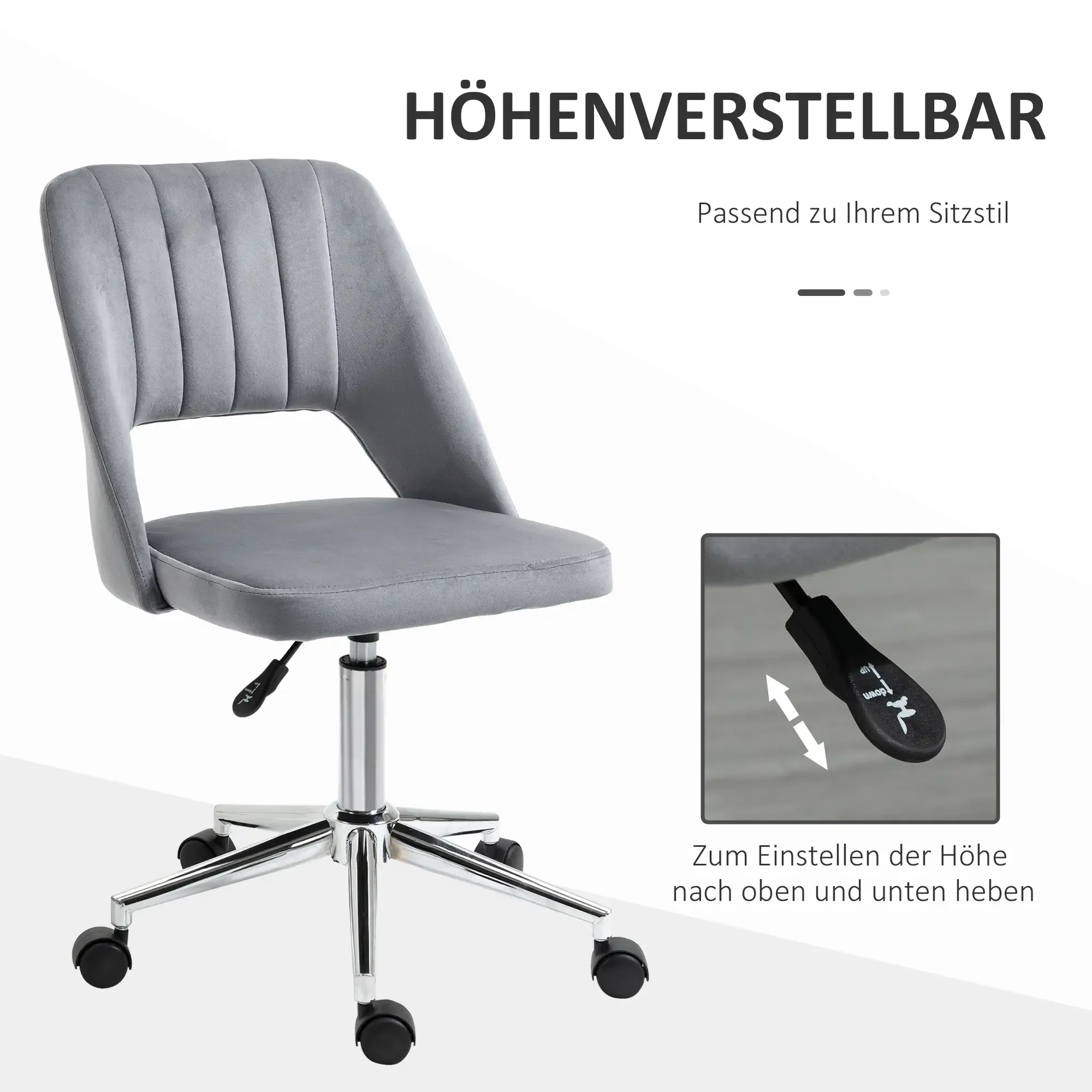 Ein grauer Bürostuhl mit Chromfuß und Rädern. Er hat einen Hebel zur Höhenverstellung. Text auf Deutsch sichtbar.