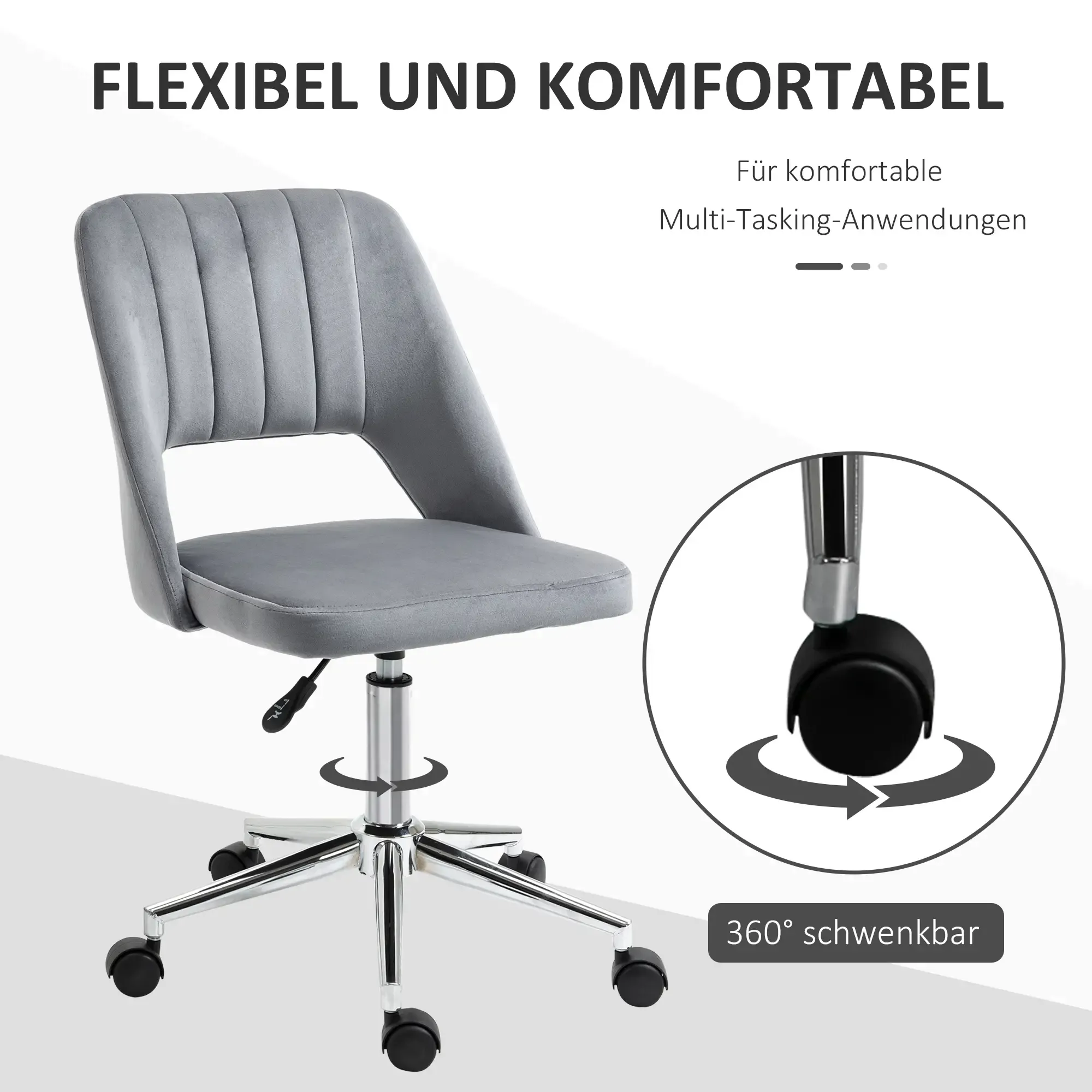 Ein grauer Bürostuhl mit Rückenlehne und Sitz, hat ein Chromgestell mit Rollen und ist 360 Grad drehbar.