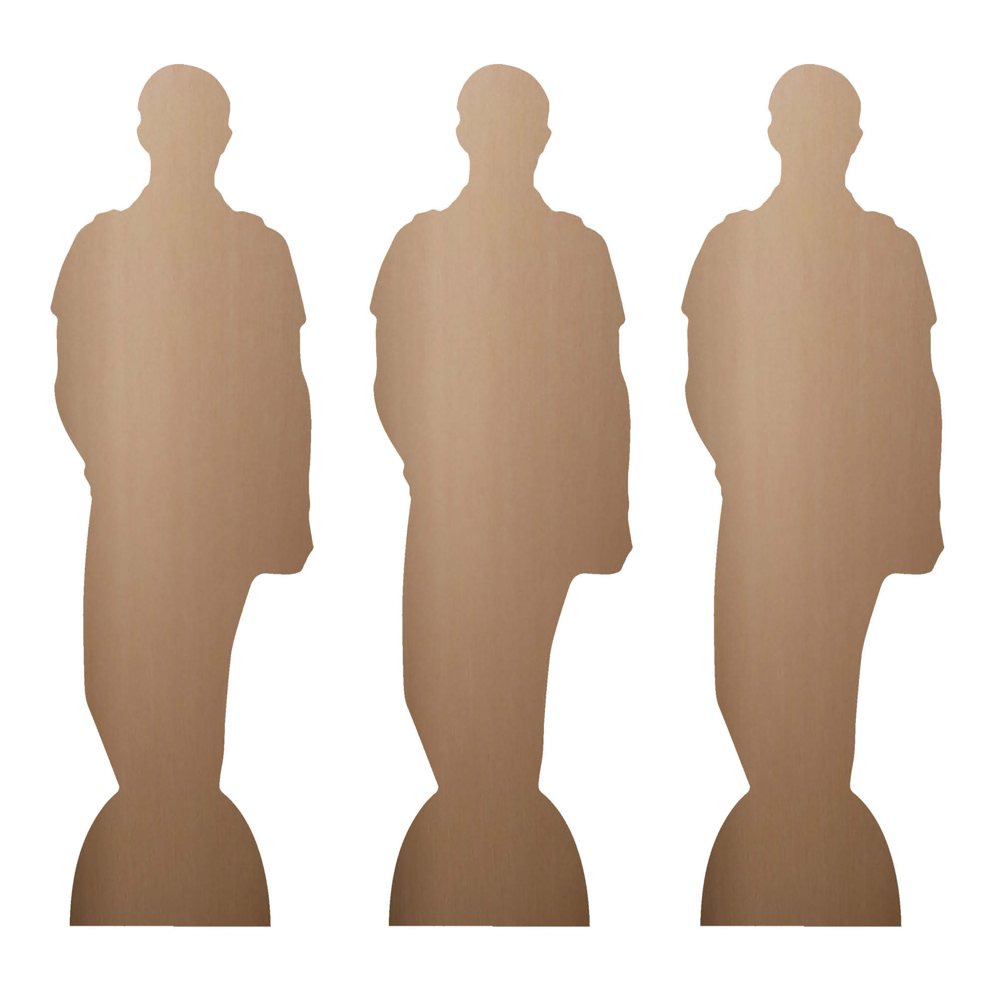 Drei Pappfiguren einer Person, die nach vorne blickt, auf weißem Hintergrund. Die Figuren sind braun.