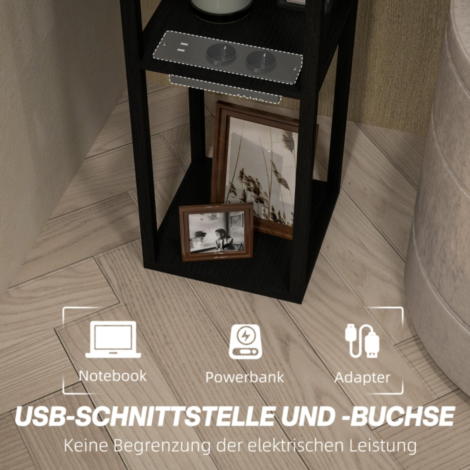 Schwarzes Regal mit Bildern. Symbole für Notebook, Powerbank und Adapter darunter. Holzfußboden.