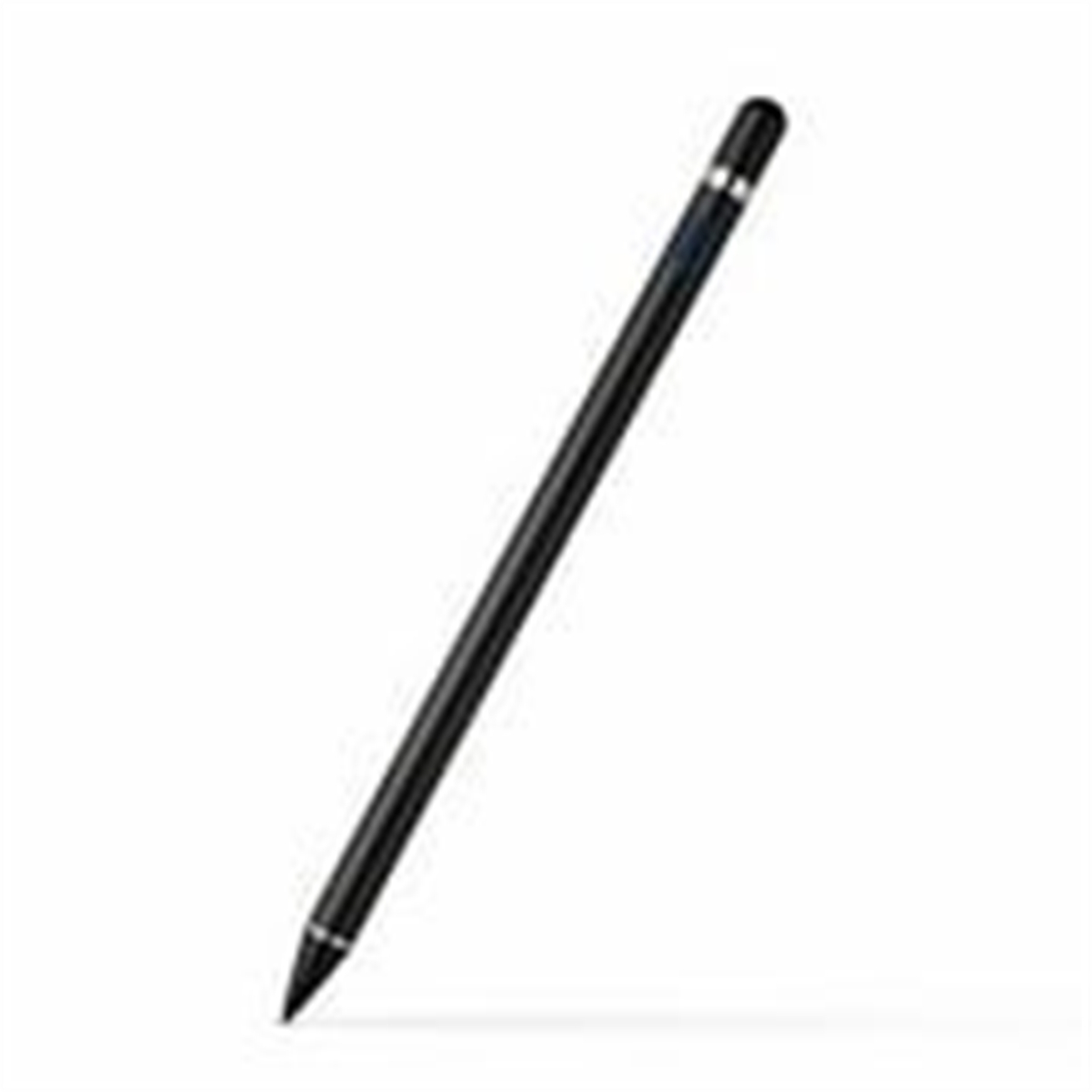 Ein schwarzer Eingabestift mit silbernen Akzenten, diagonal vor weißem Hintergrund. Der Stift ist an beiden Enden spitz zulaufend.