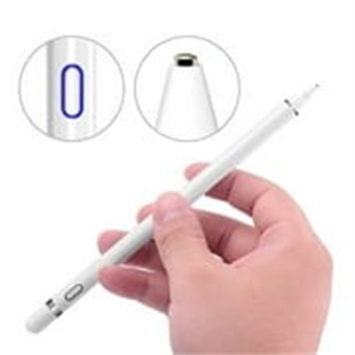 Eine Hand hält einen weißen Stift. Zwei kreisförmige Ausschnitte zeigen Details der Stiftspitze und einer Taste mit blauem Licht.