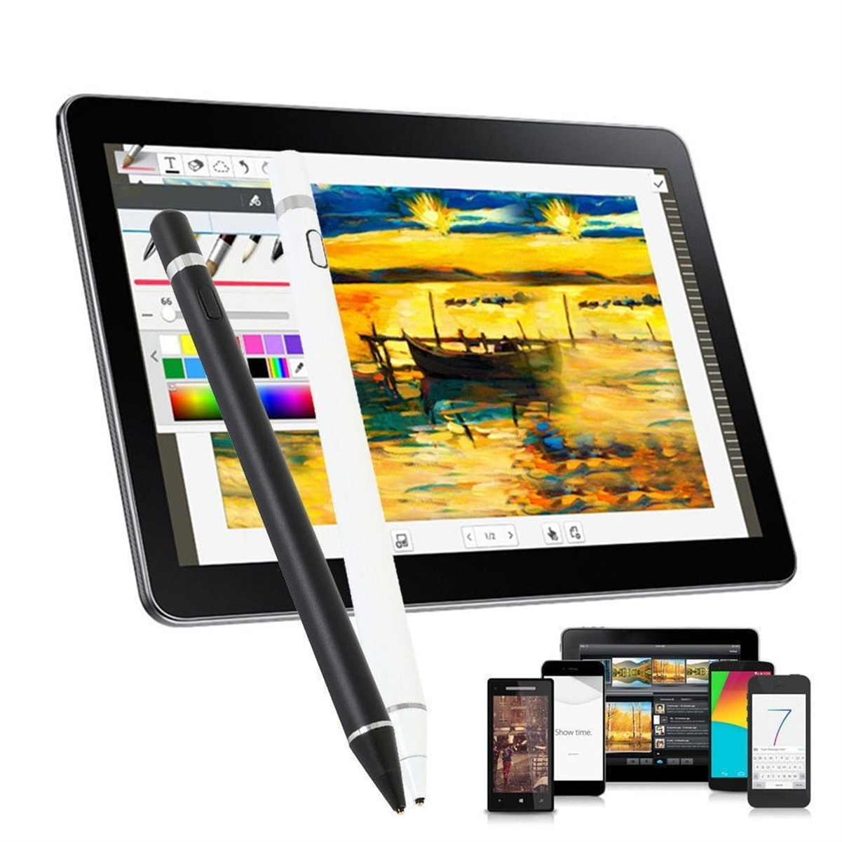 Tablet mit Kunst auf dem Bildschirm, zwei Stiften und mehreren Smartphones. Die Kunst zeigt eine Bootszene mit Sonnenuntergang.