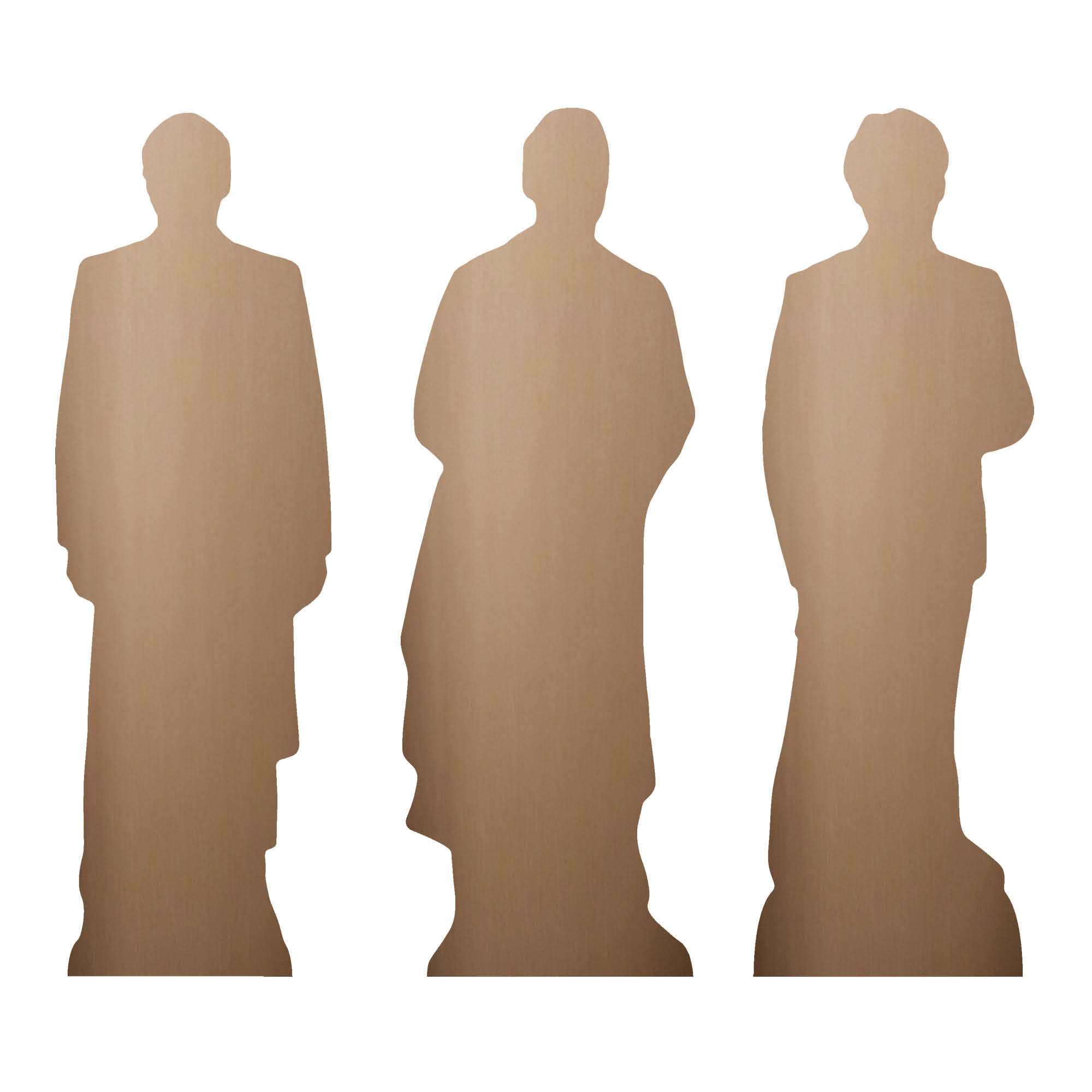 Drei braune Silhouetten von Männern, die auf weißem Hintergrund stehen. Jede Silhouette hat eine andere Haltung und einen Mantel.