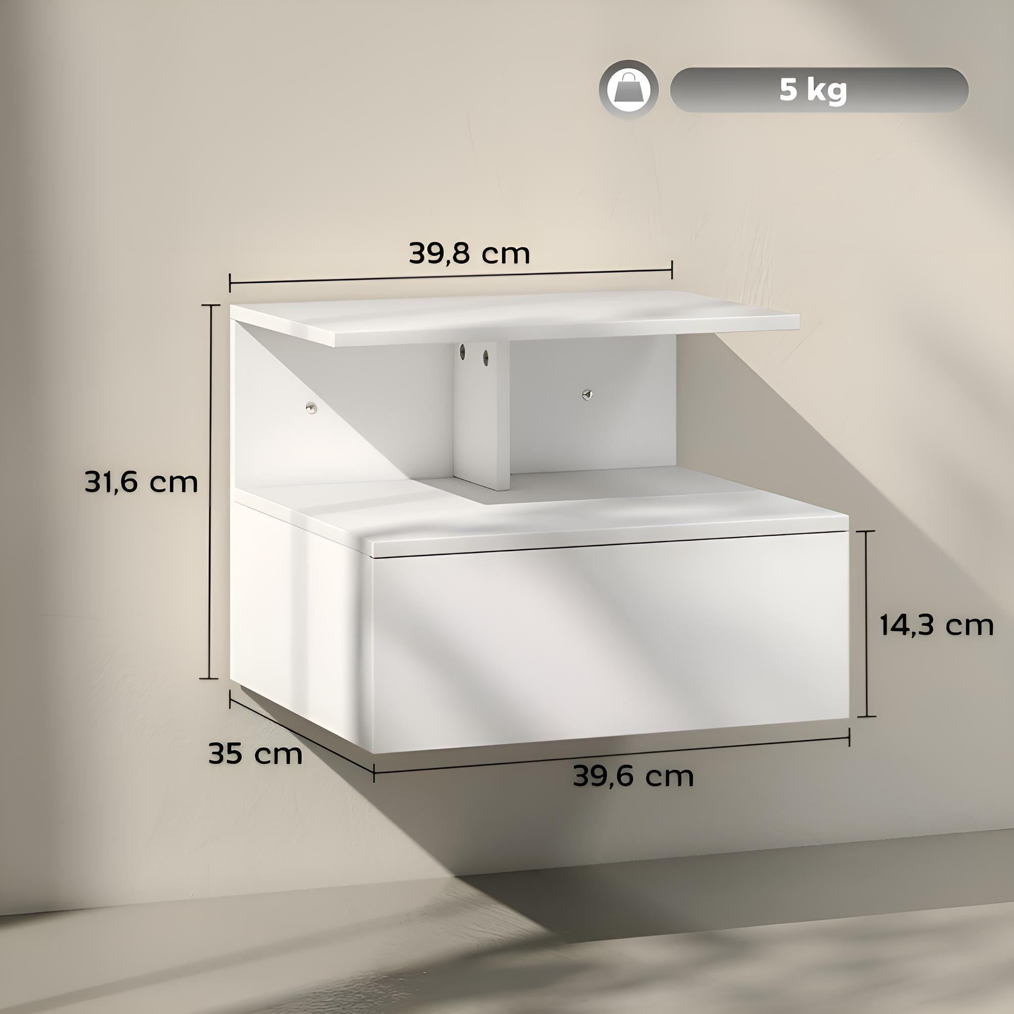 Weißer schwebender Nachttisch. Abmessungen werden angezeigt. Wand ist beige. Ein Schild zeigt eine Tragfähigkeit von 5 kg an.